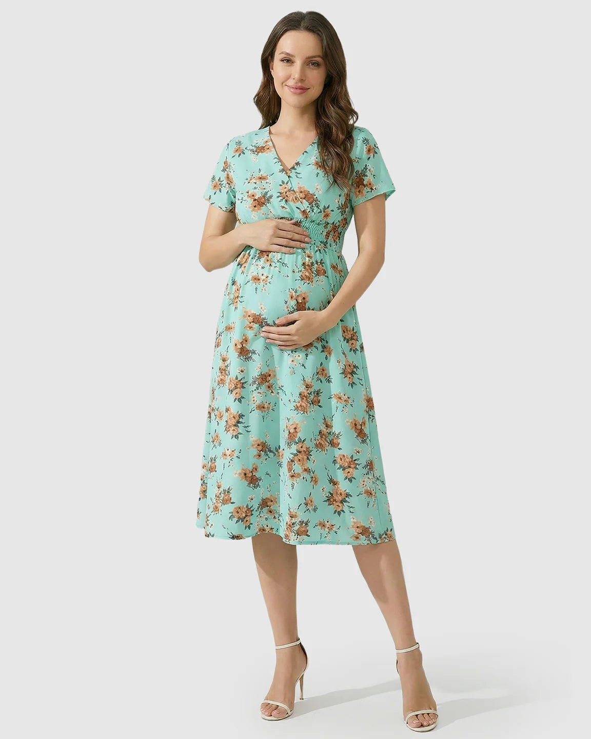 V-Neckline Floral Print Maternity Midi Dress