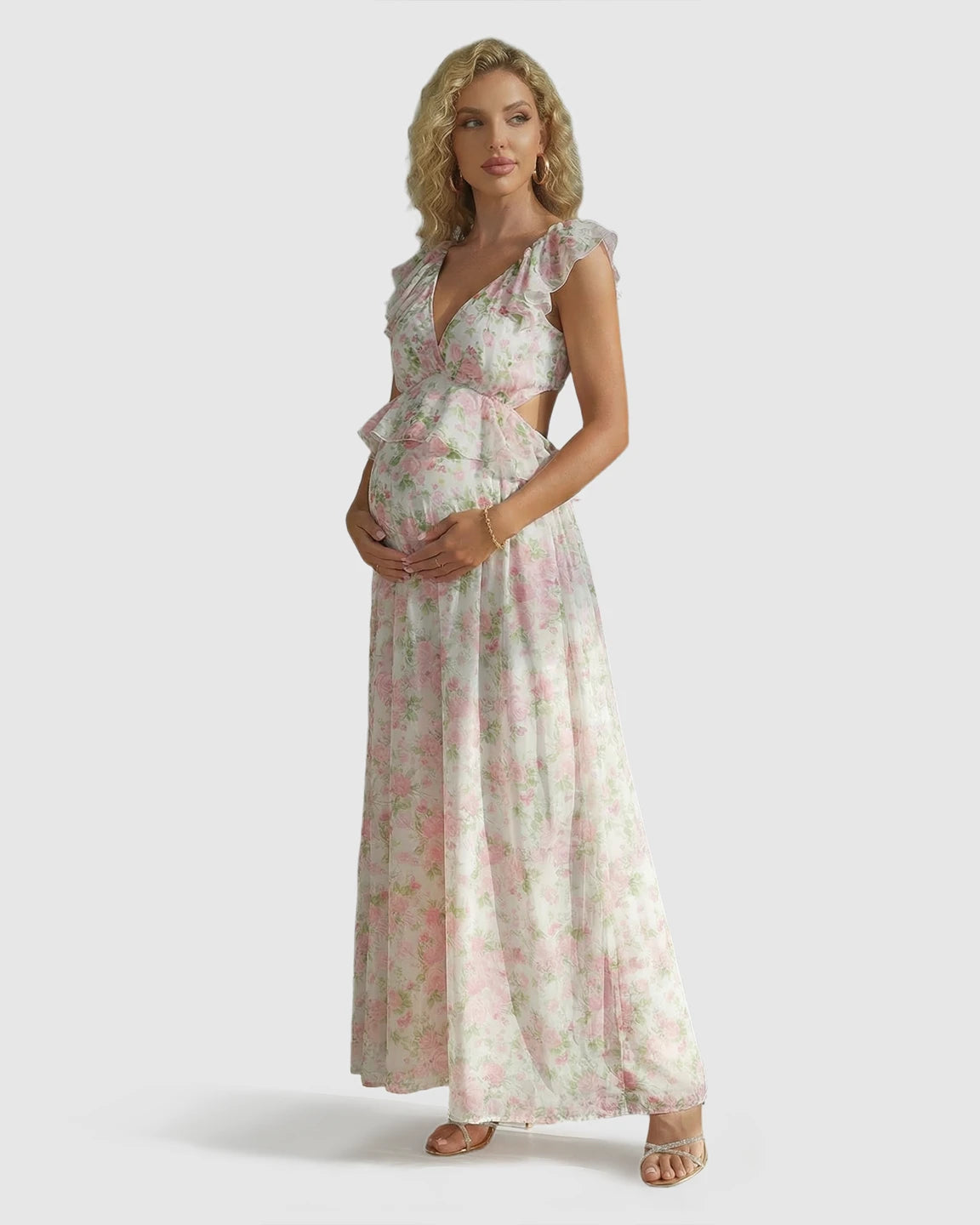 Ruffle Cap Sleeve Romantic Floral Maternity Photoshoot Dress