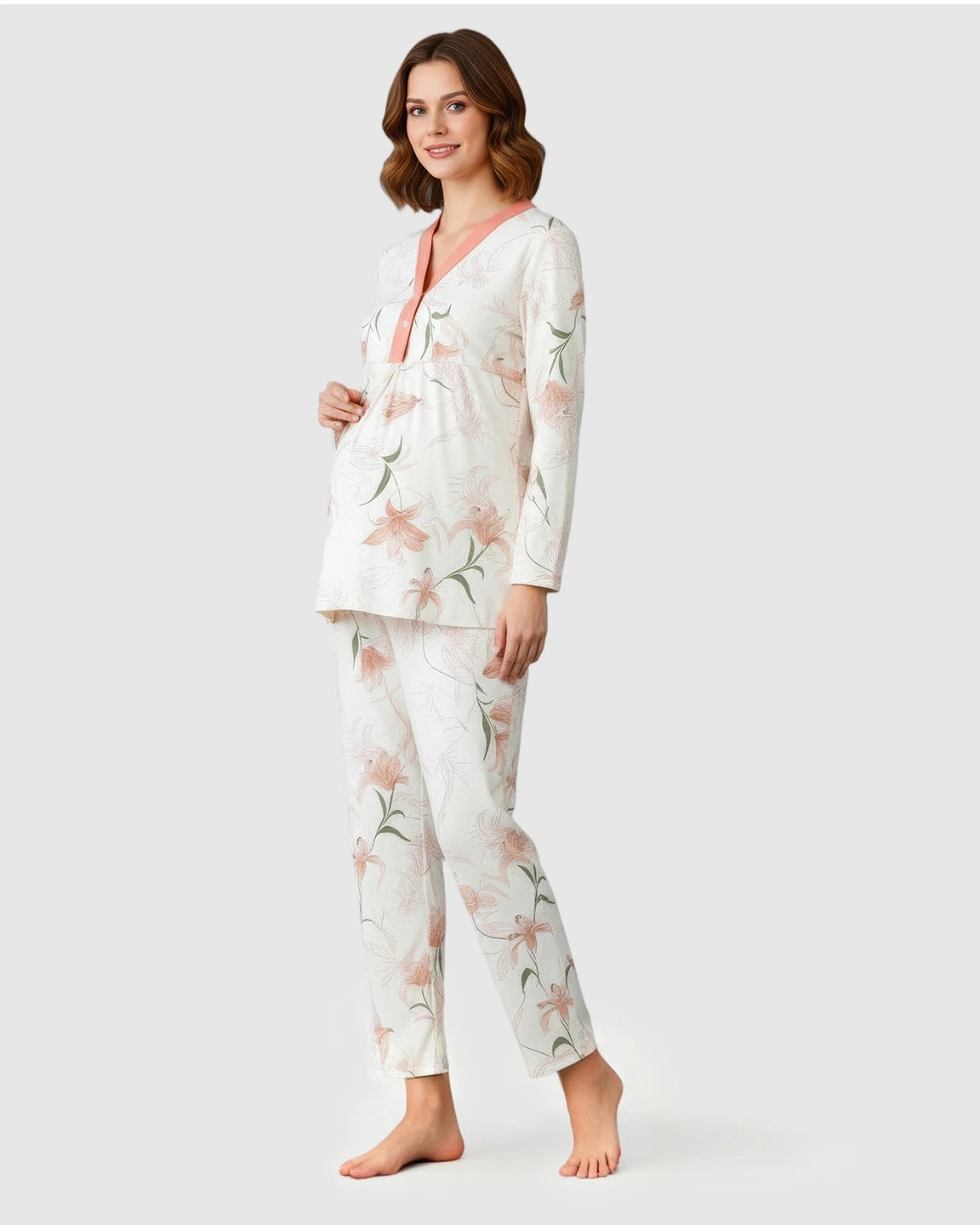 Button-Front Floral Print Maternity Loungewear Set