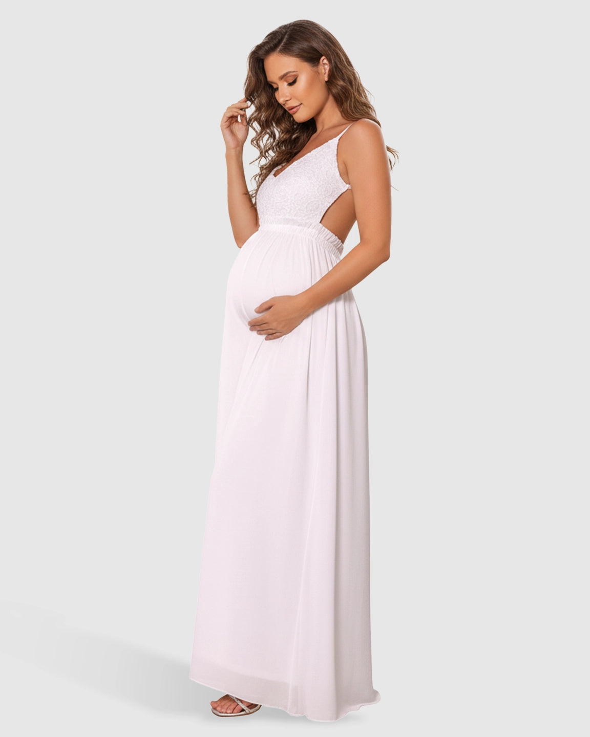 Deep V-Neck Lace Bodice Stylish Maternity Photoshoot Dress