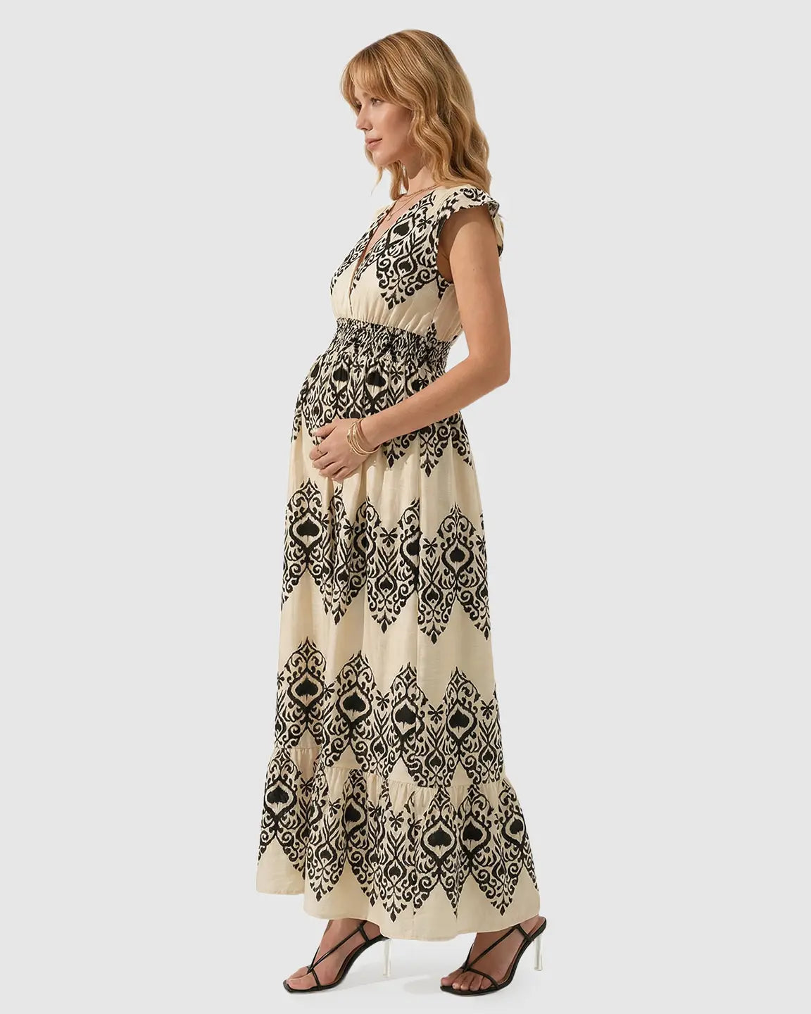 V-neck Ethnic Print Maternity Maxi Dress