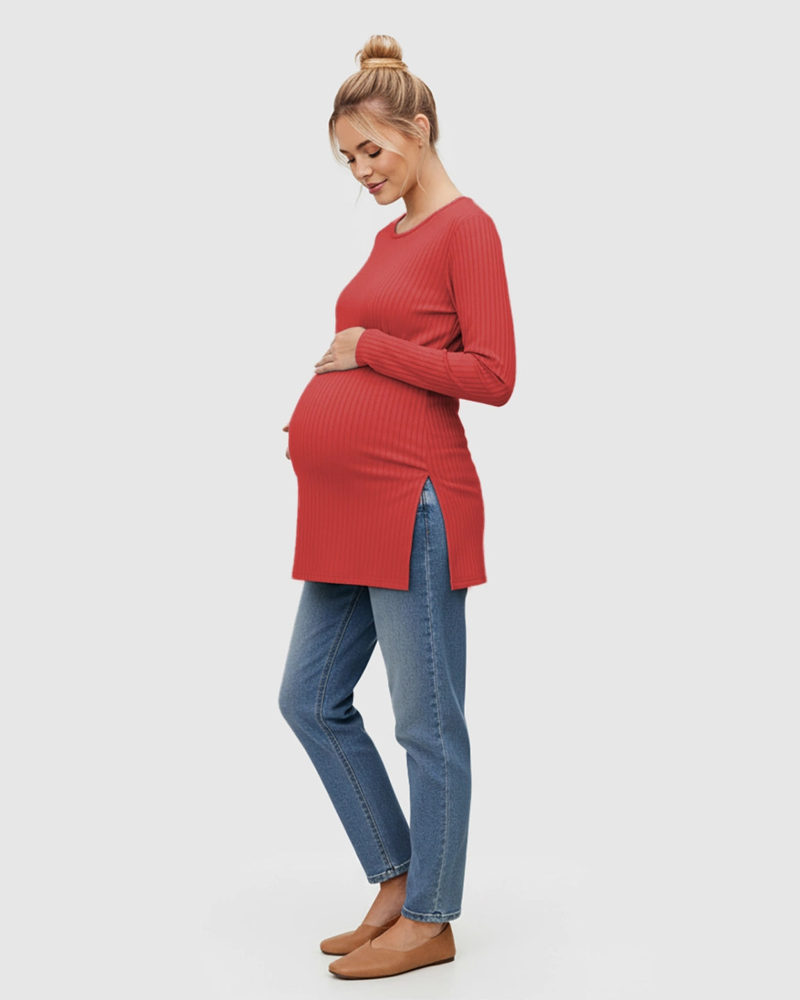 Ribbed Knit Long Sleeve Maternity Top with Side Slits