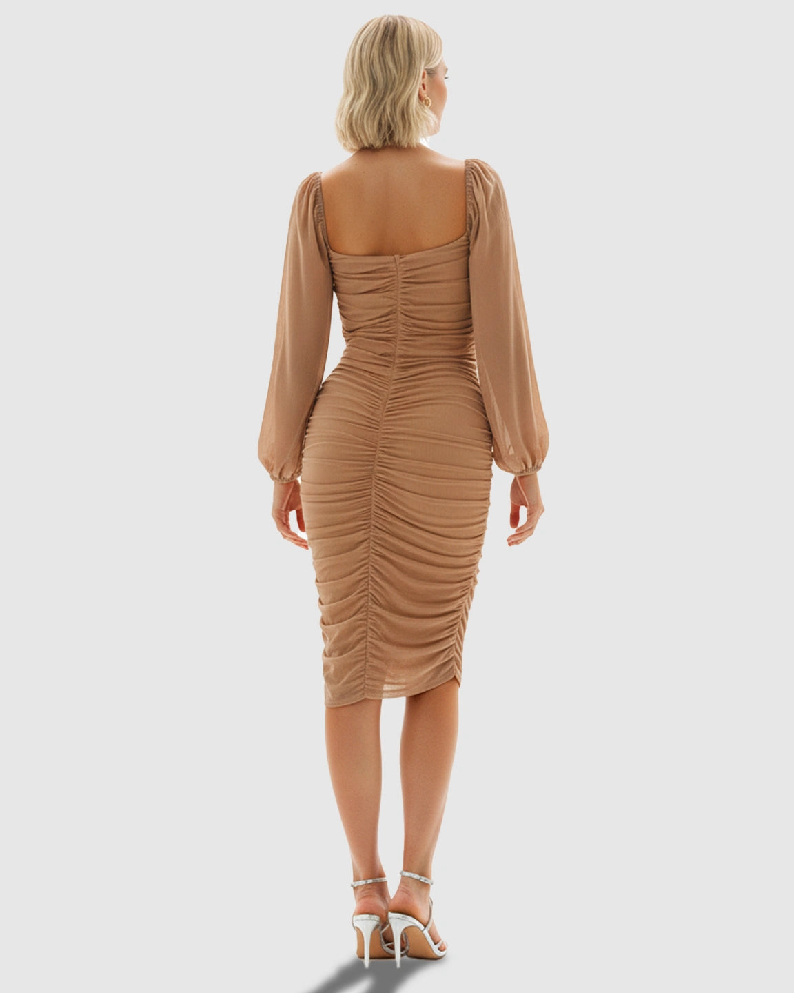 Sheer Mesh Sleeves Pleated Maternity Midi Dress