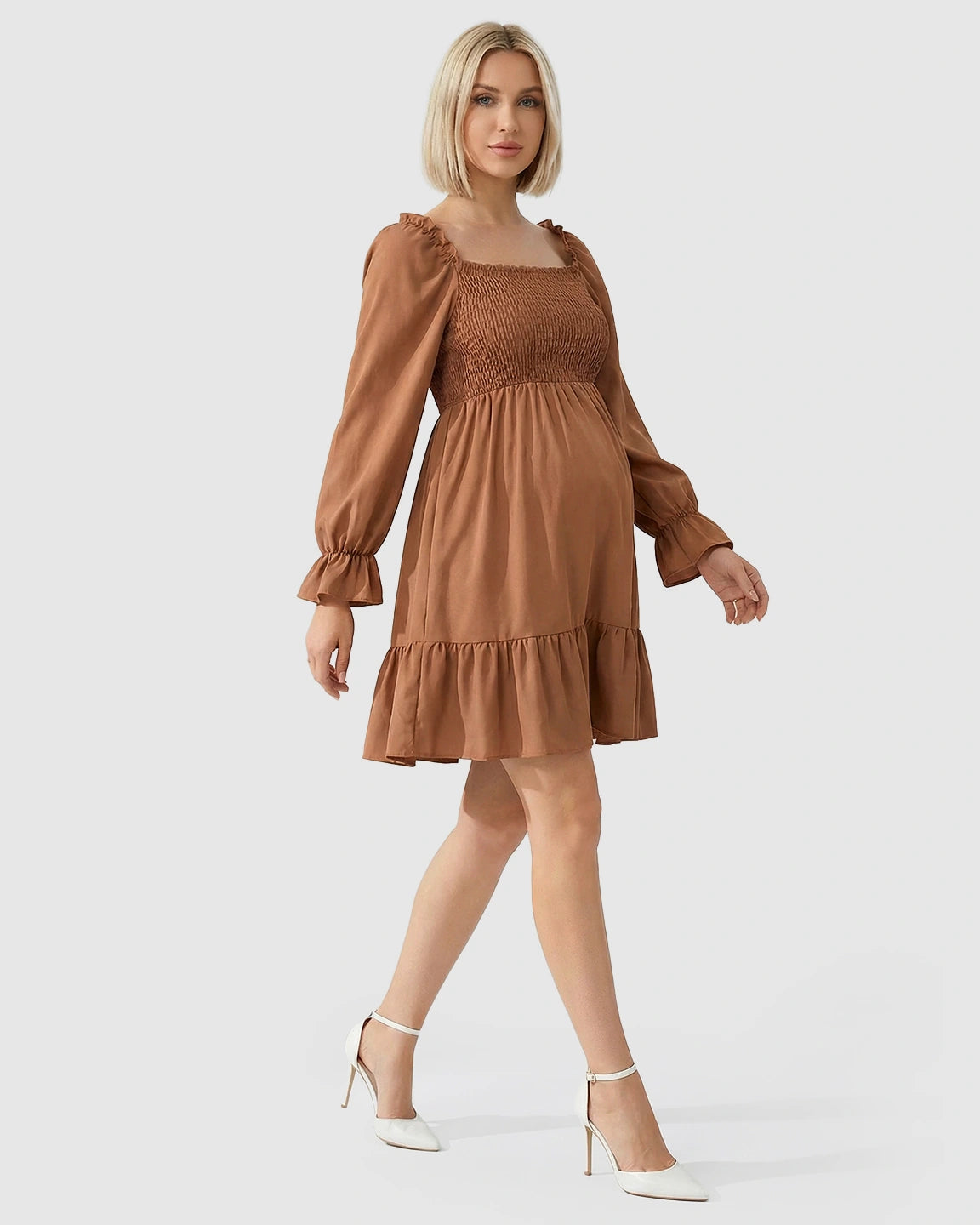 Flared Sleeve Smocked Babydoll Maternity Dress