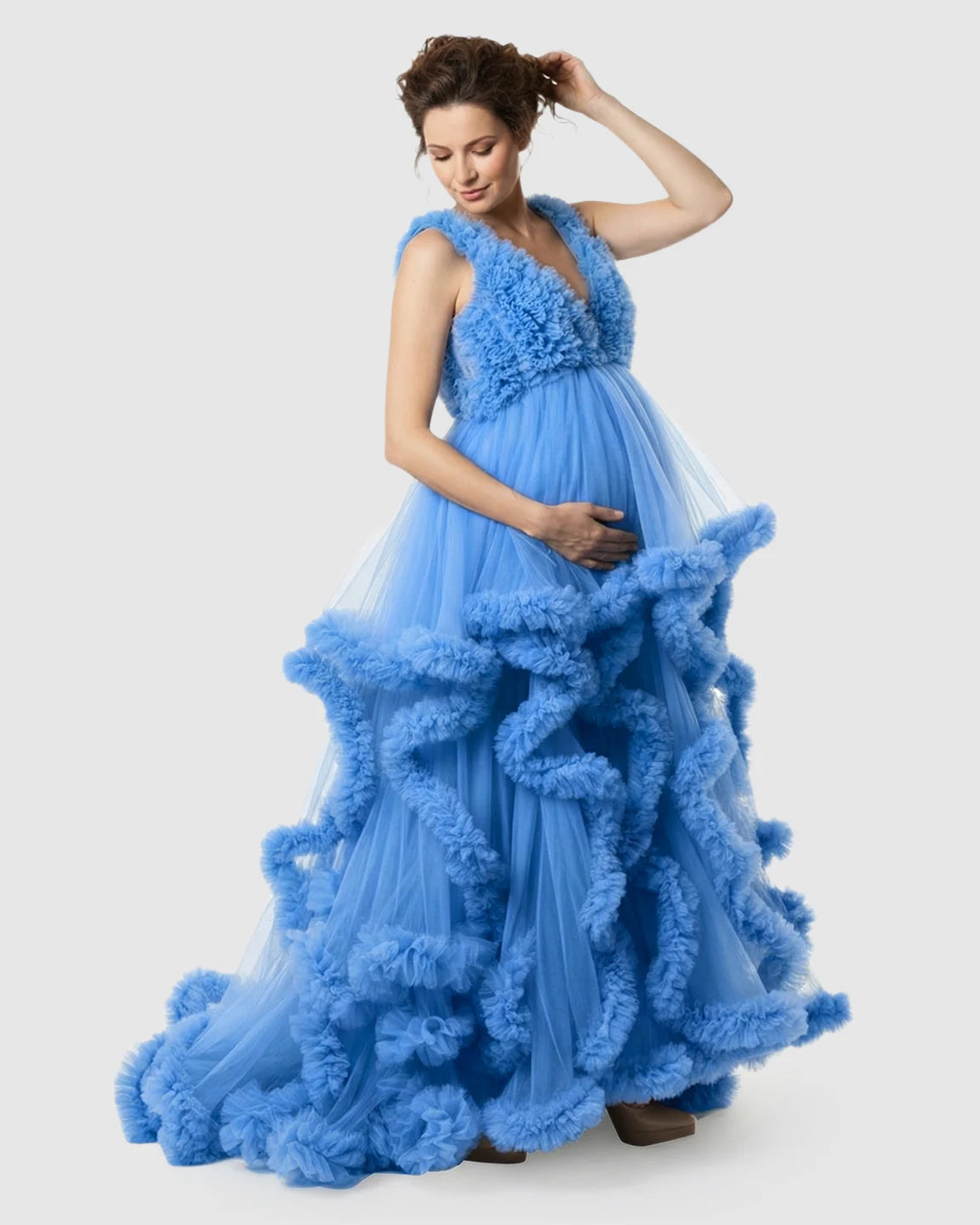 Ruffled Bodice Multi-Layer Mesh Pleats Maternity Gown