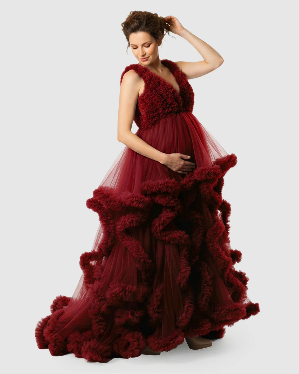 Ruffled Bodice Multi-Layer Mesh Pleats Maternity Gown