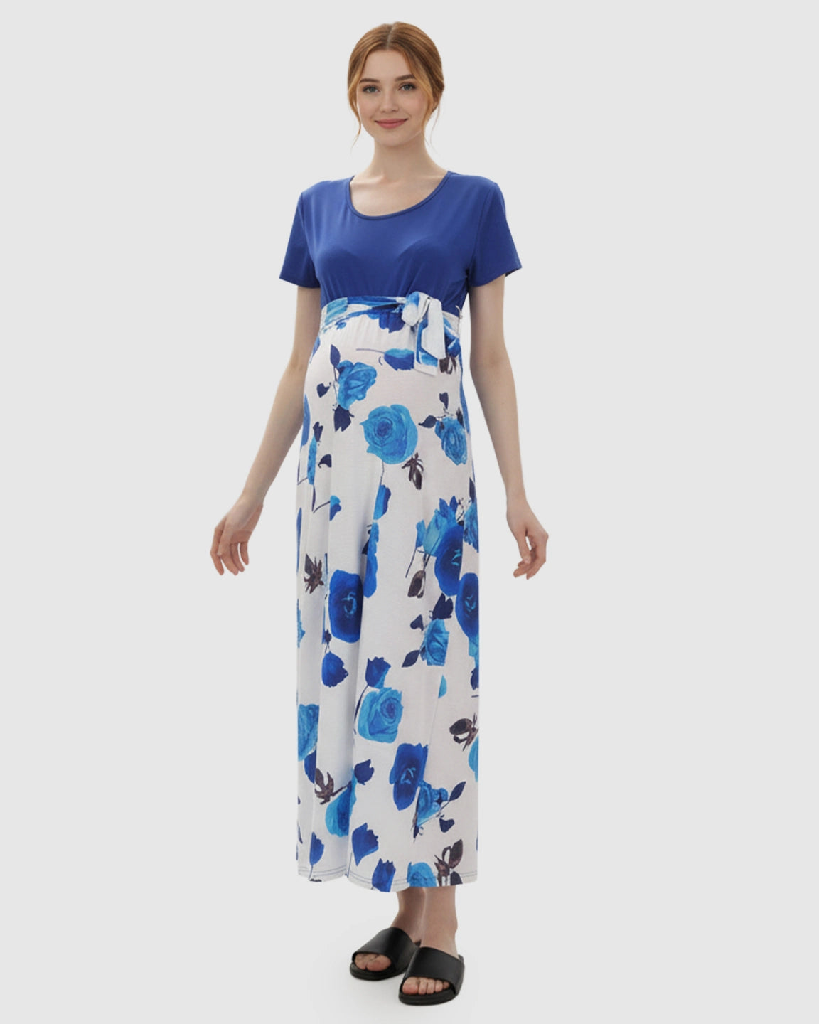 Belted Floral Loose Maternity Maxi Dress