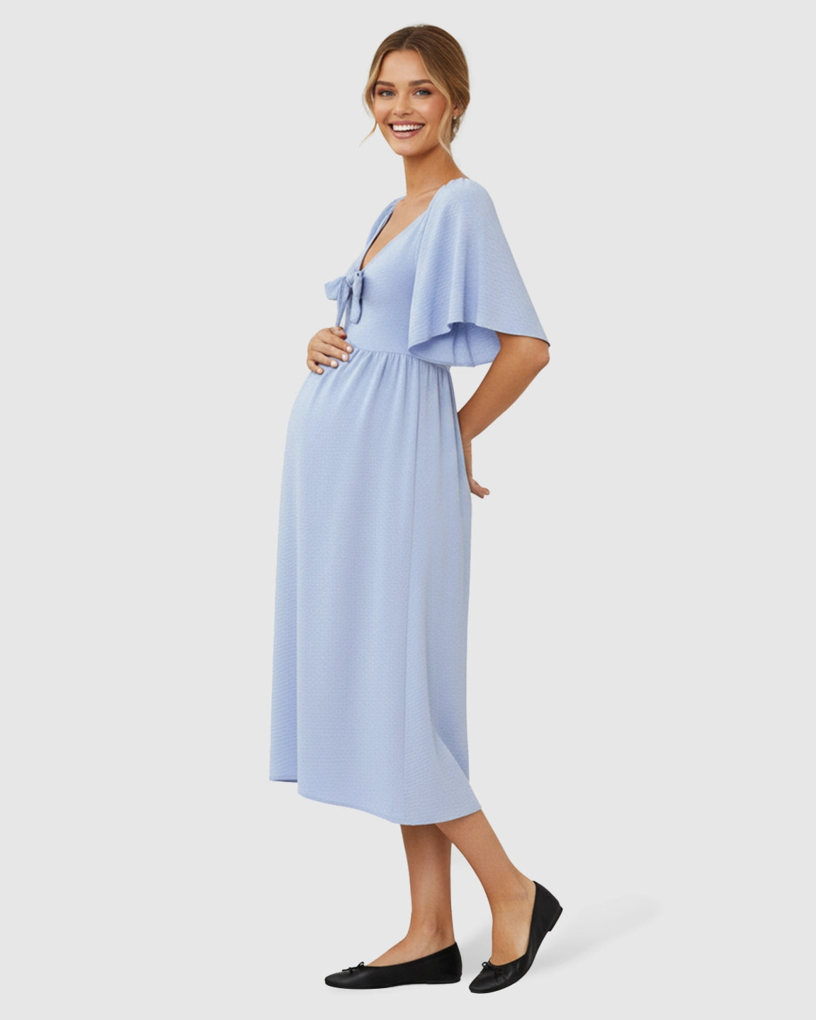 Tie-Knot Front Swing Silhouette Maternity Midi Dress