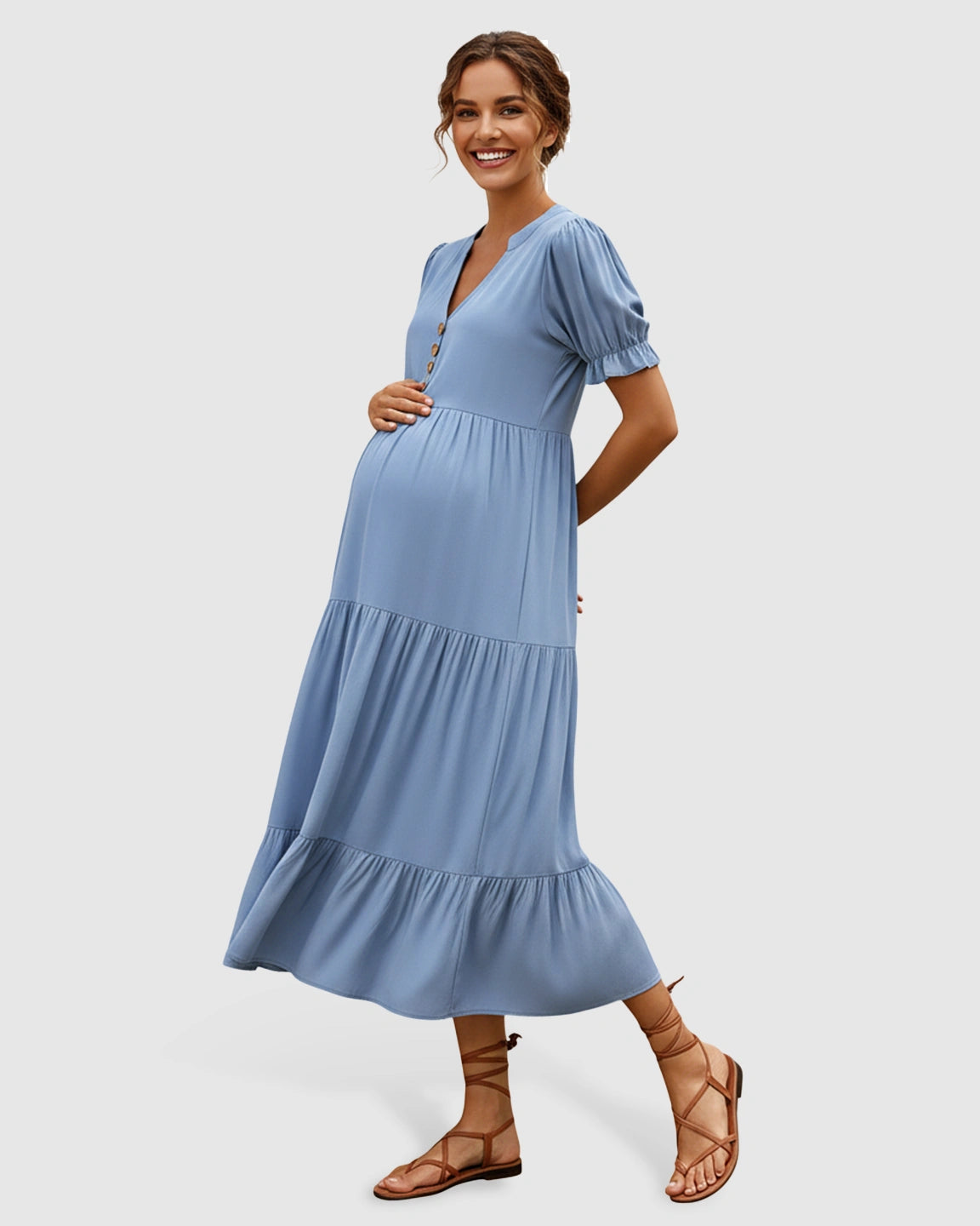 Stand-up Collar Tiered Skirt Maternity Midi Dress