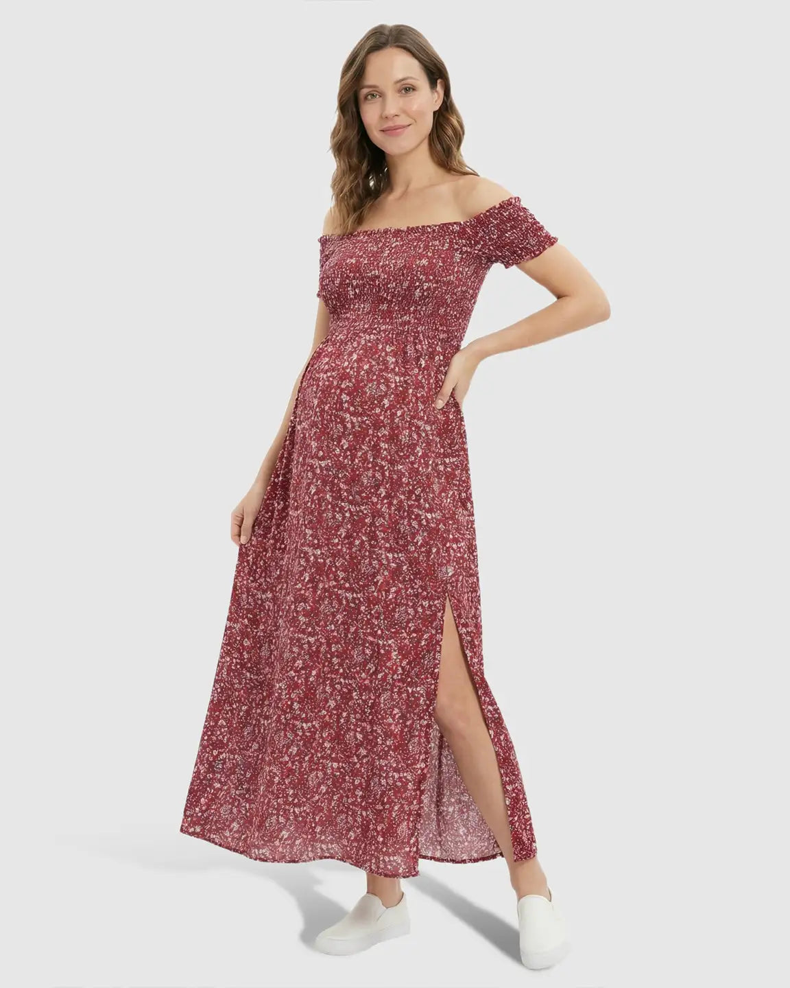 Off-Shoulder Floral Pattern Maternity Maxi Dress