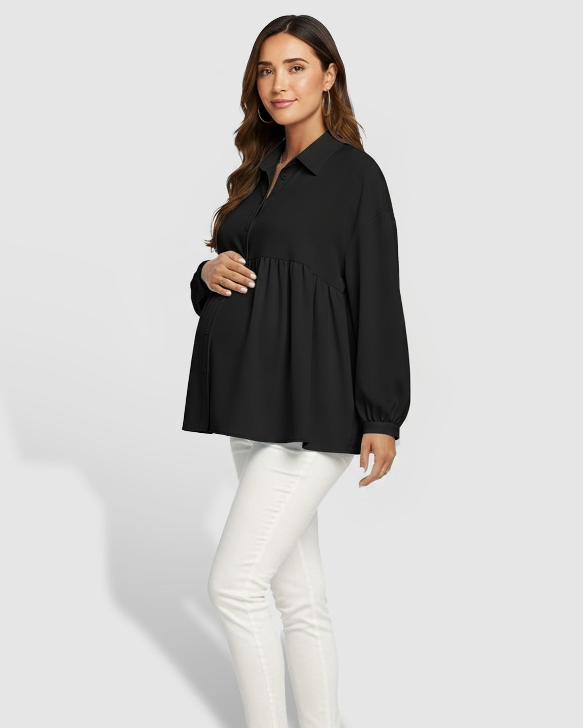 Lapel Long Sleeve Maternity Shirt