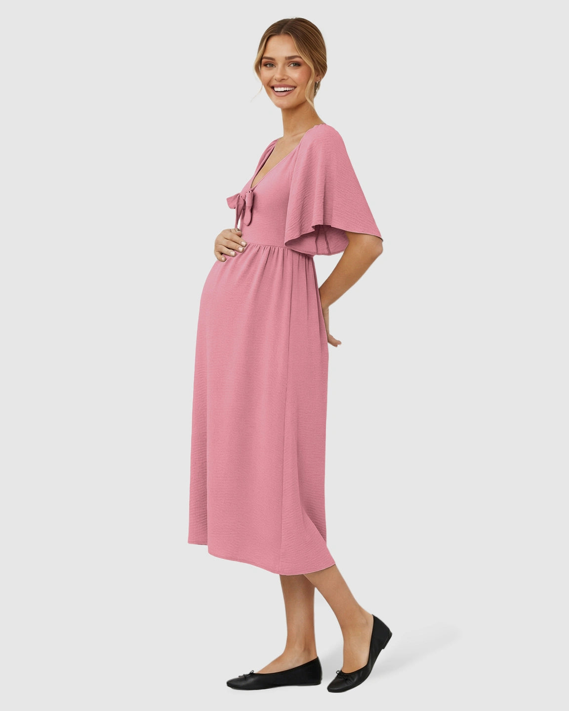 Tie-Knot Front Swing Silhouette Maternity Midi Dress