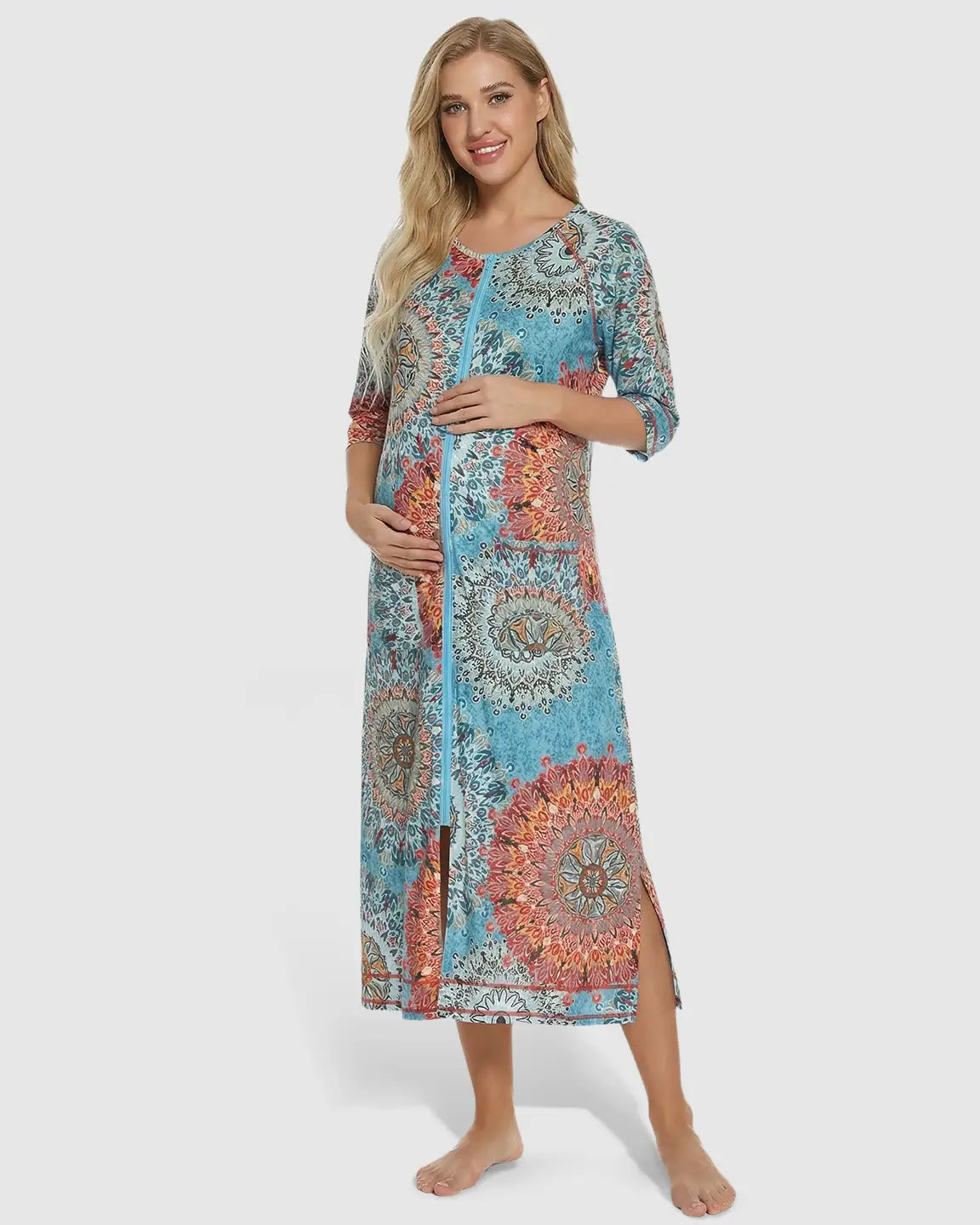 Front Zipper Boho Print Maternity Nursing Lounge Dress