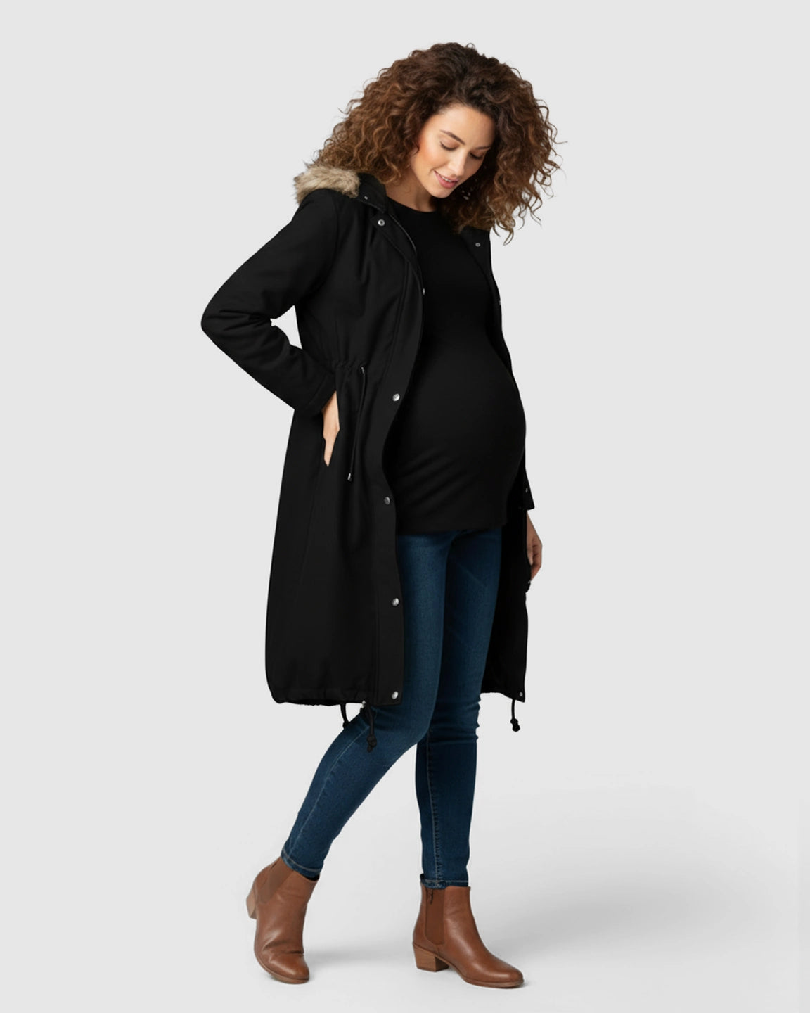 Fur Collar Hooded Long Maternity Jacket