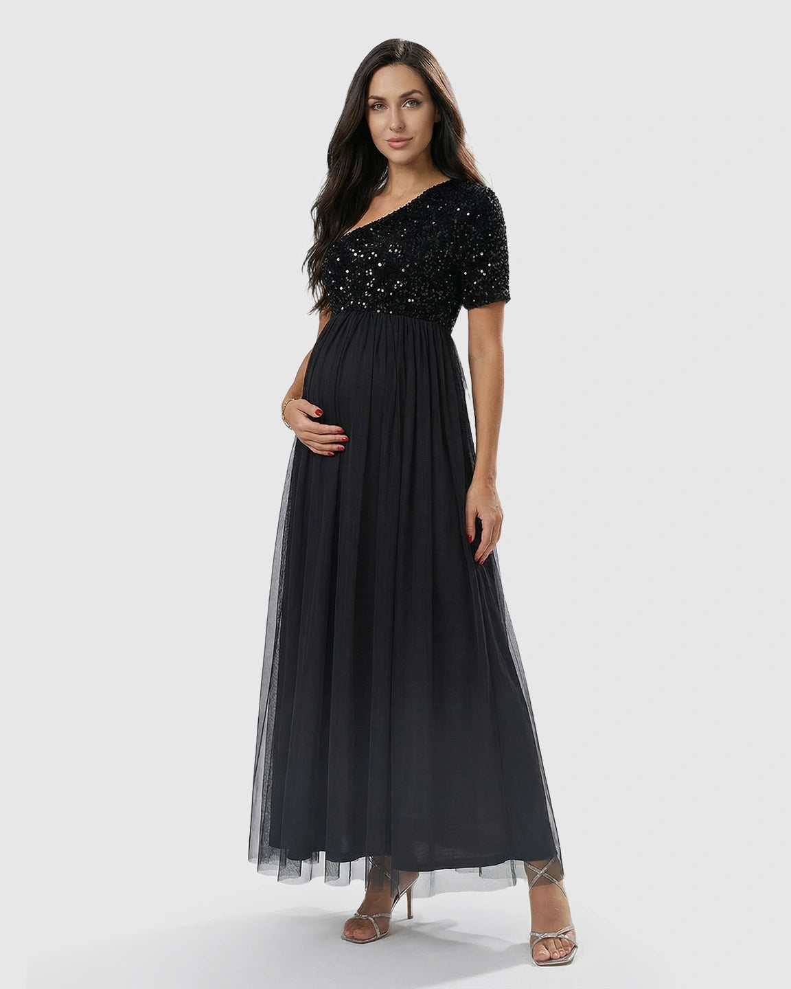 Sequin One-Shoulder Flowing Mesh Maternity Maxi Dress