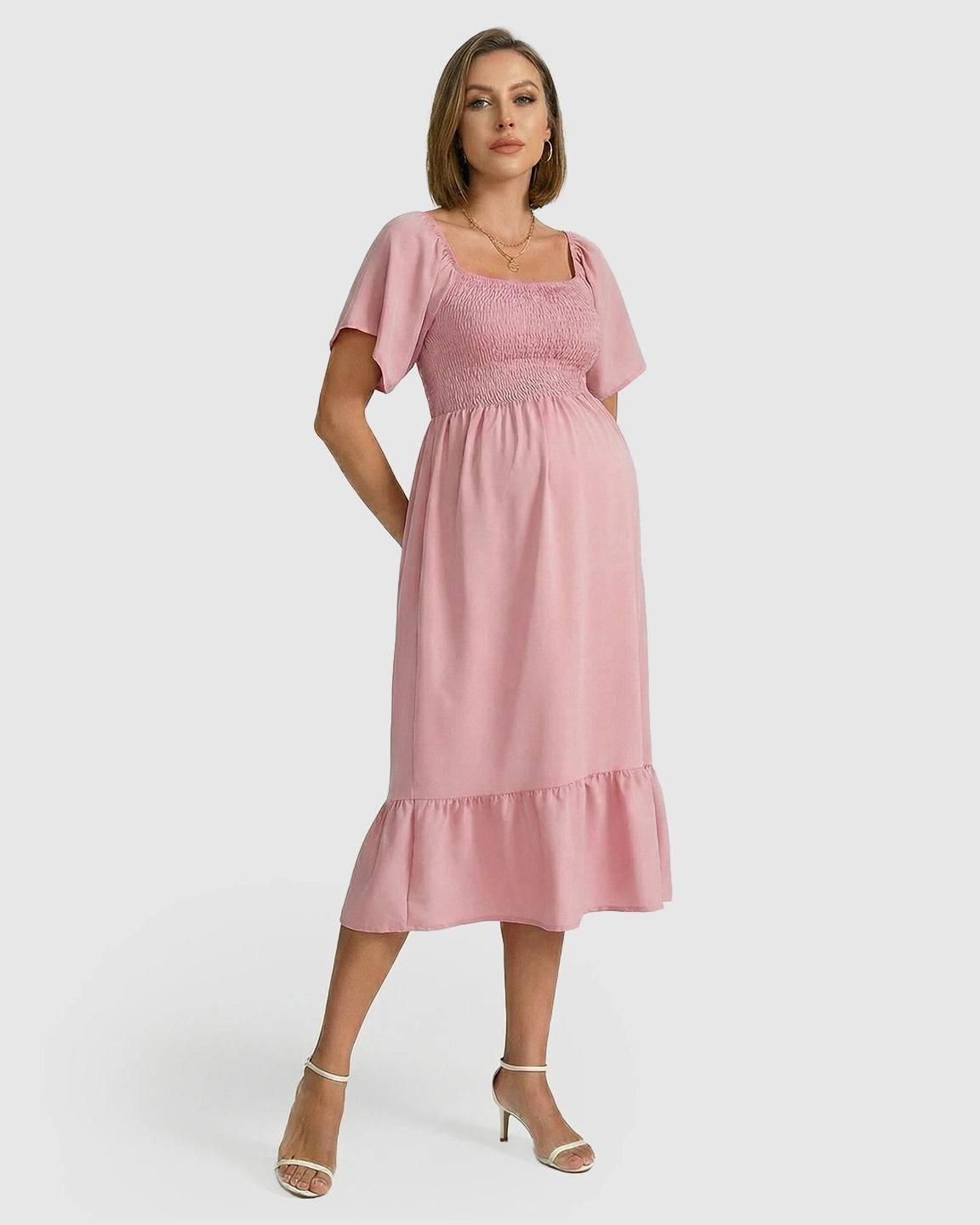 Smocked Square Neck Ruffled A-line Maternity Dress