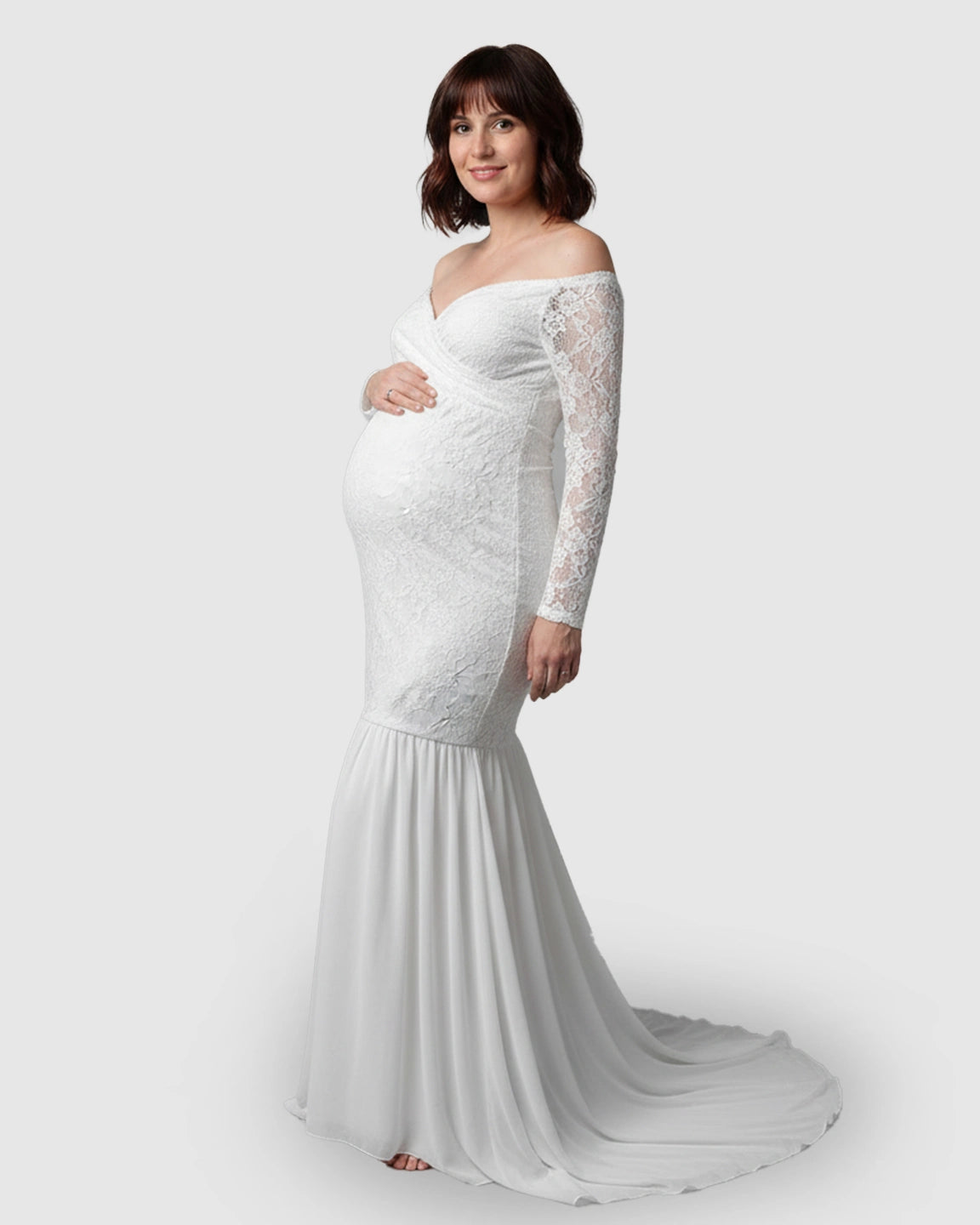 Sheer Lace-Sleeve Mermaid Train Maternity Photoshoot Gown