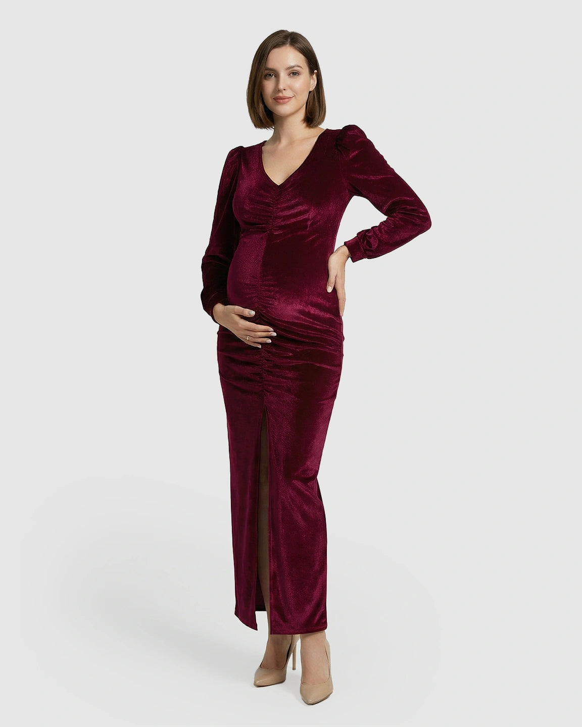 Puffed Velvet Sleeves Bodycon Maternity Evening Gown