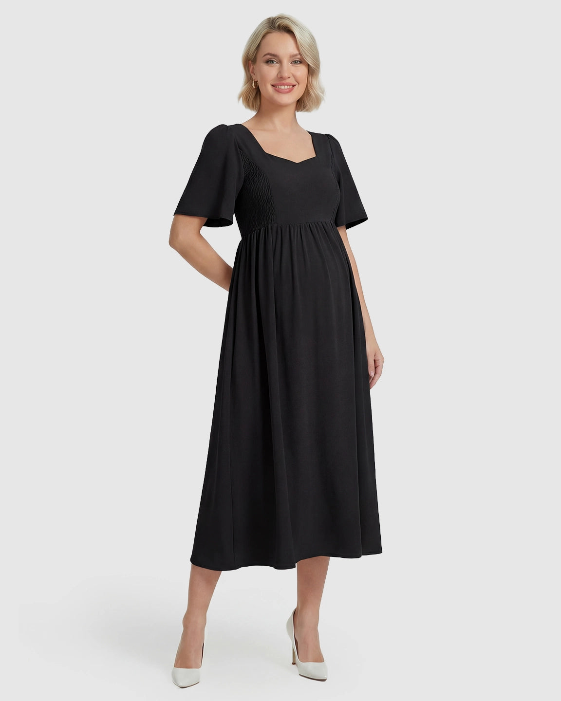Shirred Ruffle Sleeve Swing Maternity Midi Dress