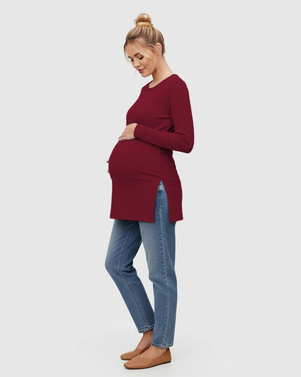 Ribbed Knit Long Sleeve Maternity Top with Side Slits
