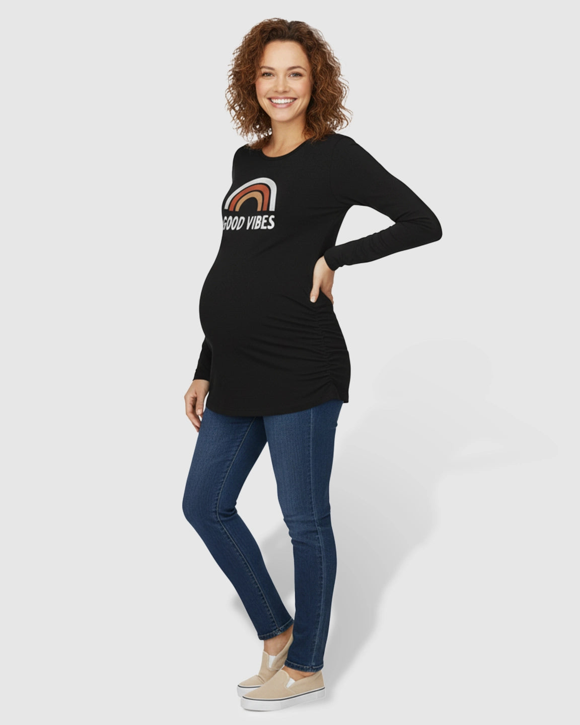 Side Ruched Round Neck Long Sleeve Maternity Top