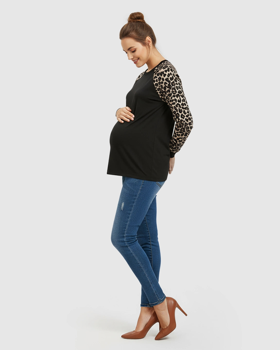 Soft Stretch Leopard Print Long Sleeve Maternity Top