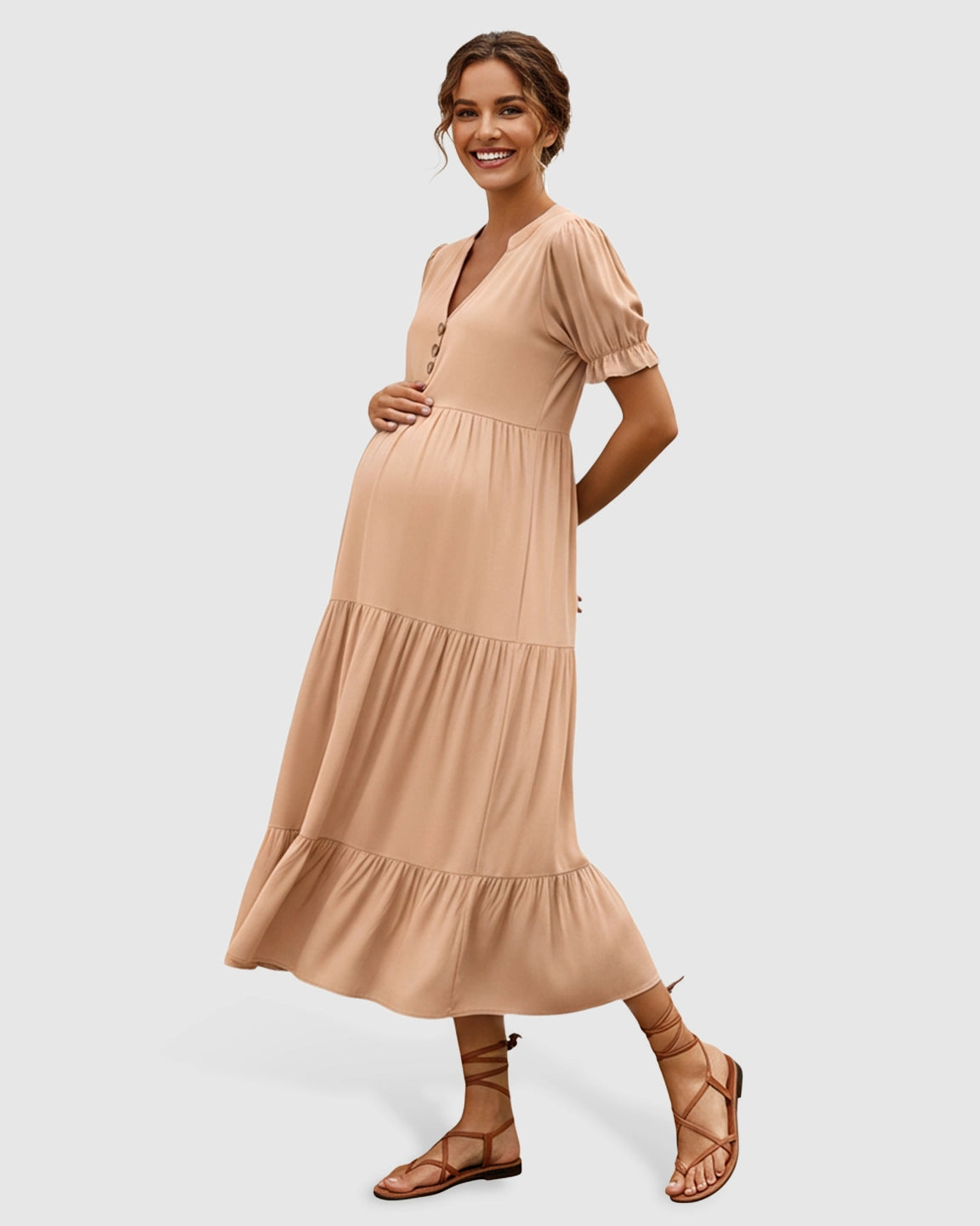 Stand-up Collar Tiered Skirt Maternity Midi Dress