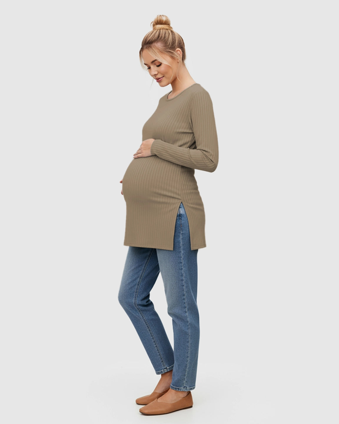 Ribbed Knit Long Sleeve Maternity Top with Side Slits