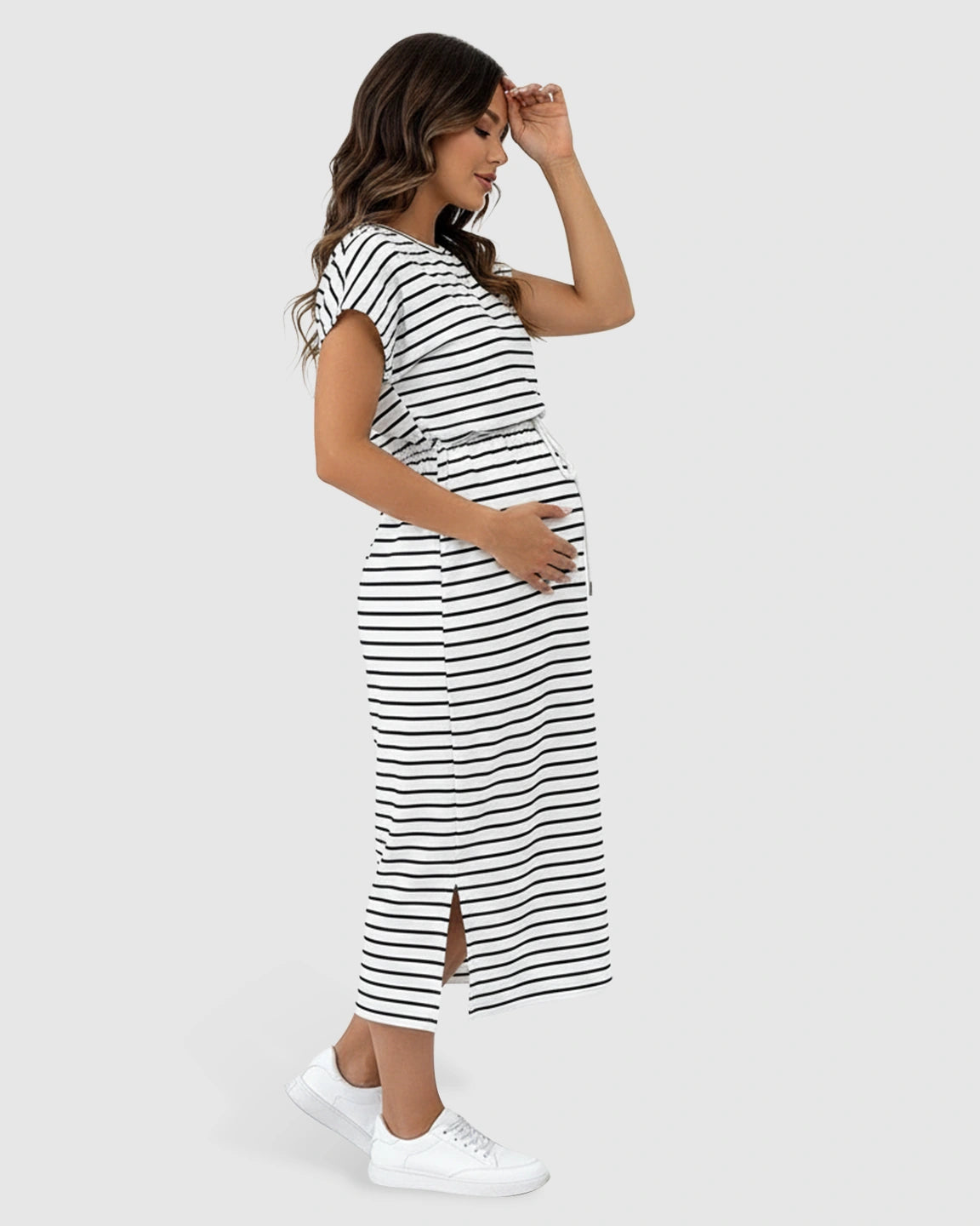Striped Cap Sleeve Adjustable Maternity Midi Dress