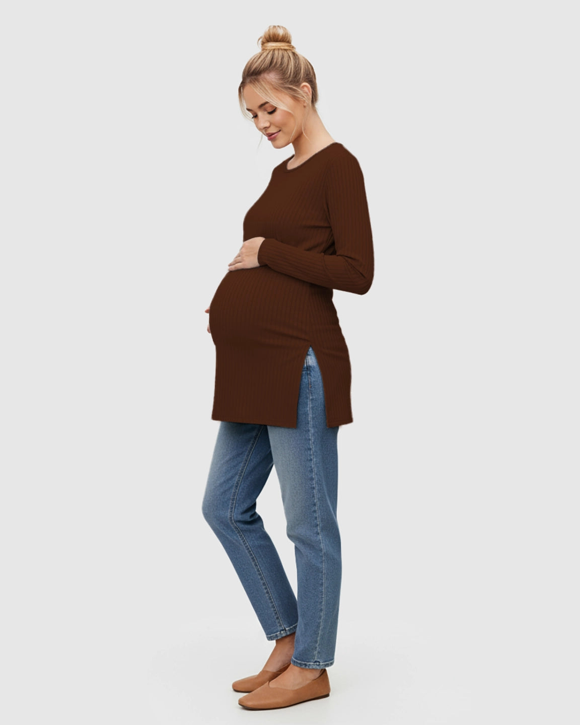 Ribbed Knit Long Sleeve Maternity Top with Side Slits