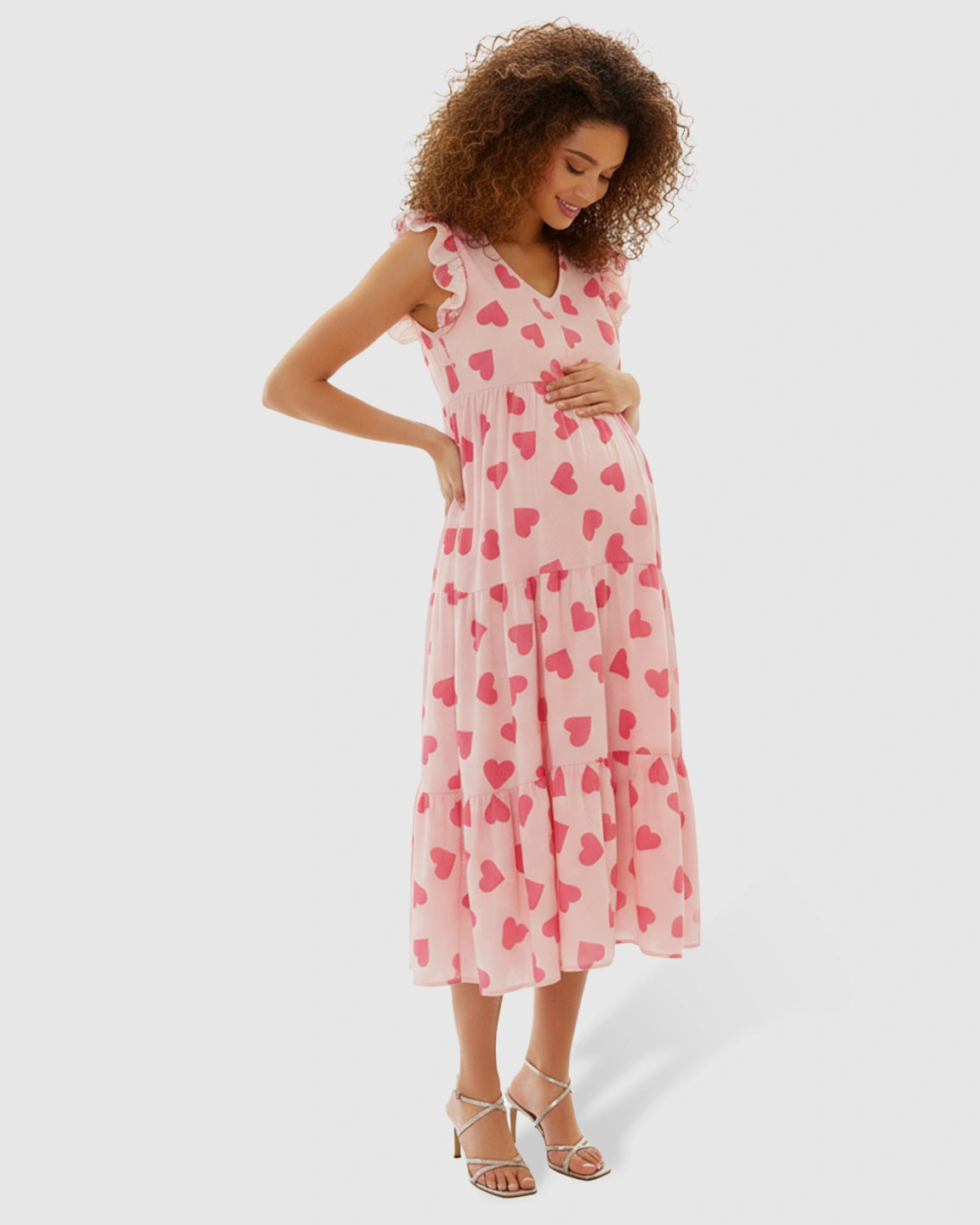 Tiered Skirt Heart Print Maternity Midi Dress