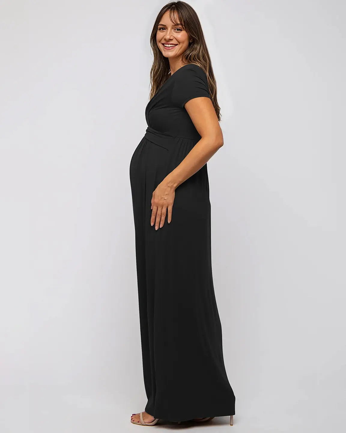V-Neck Pleated Bust Maternity Maxi Dress