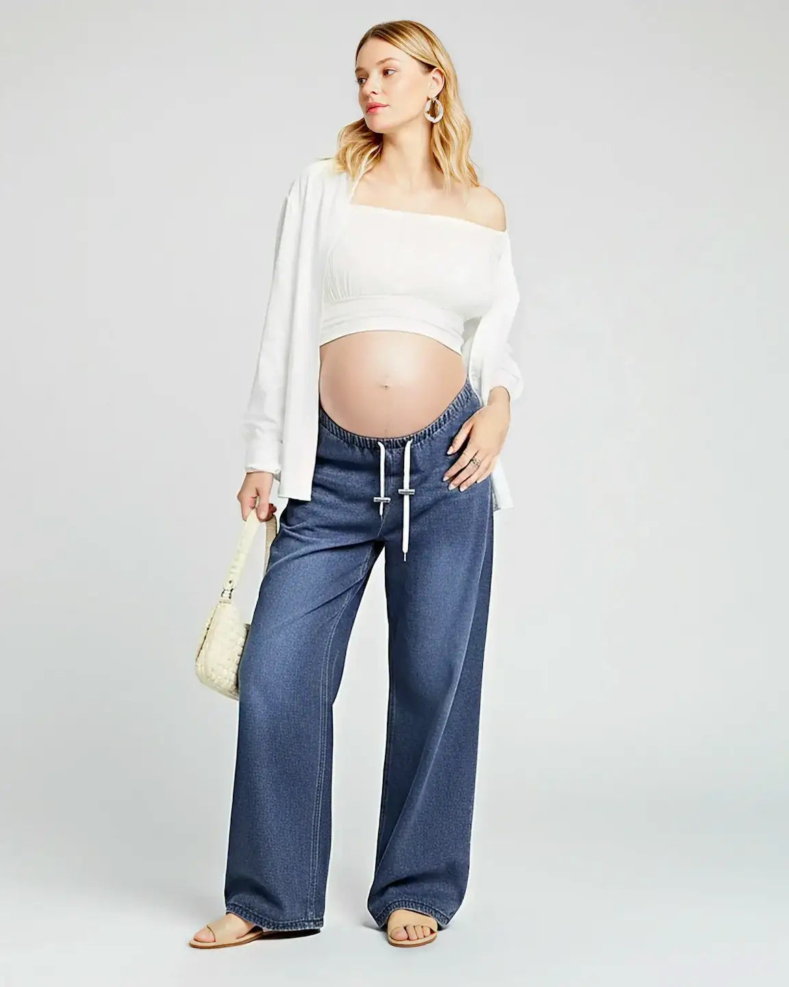 Baggy Wide-Leg Drawstring Maternity Jeans