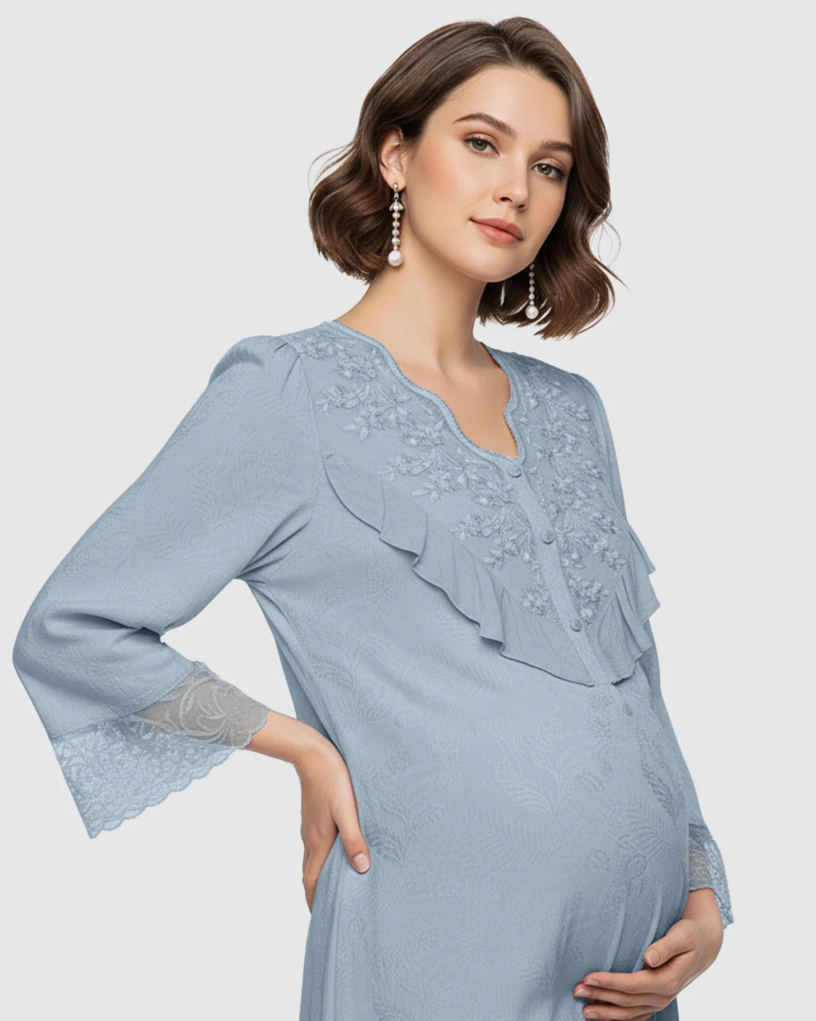 Embroidered Ruffle Flowing Fit Maternity Midi Dress