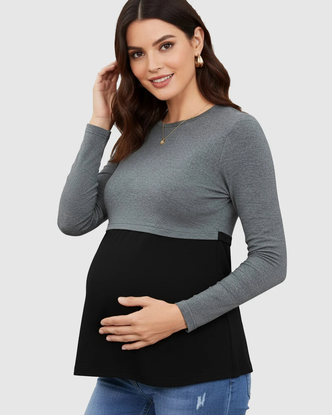 Double-Layer Nursing Access Color-Block Maternity Top