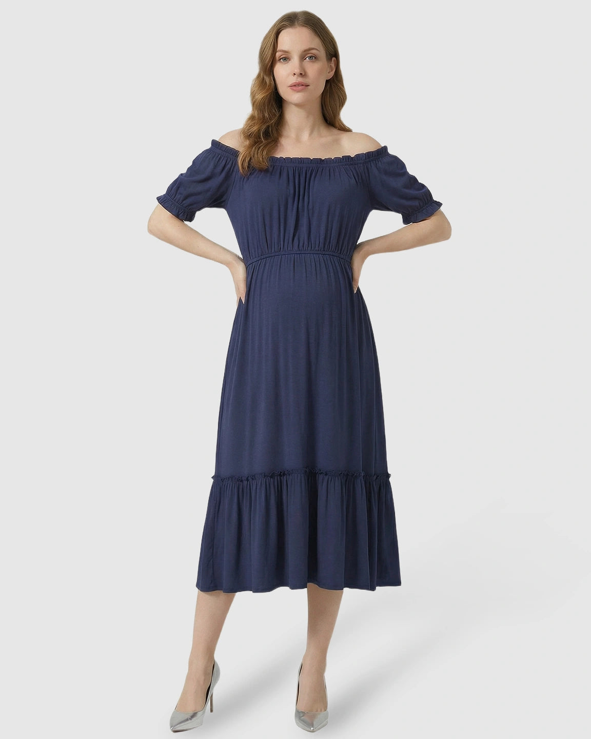 Ruched Off-Shoulder Maternity Midi Dress