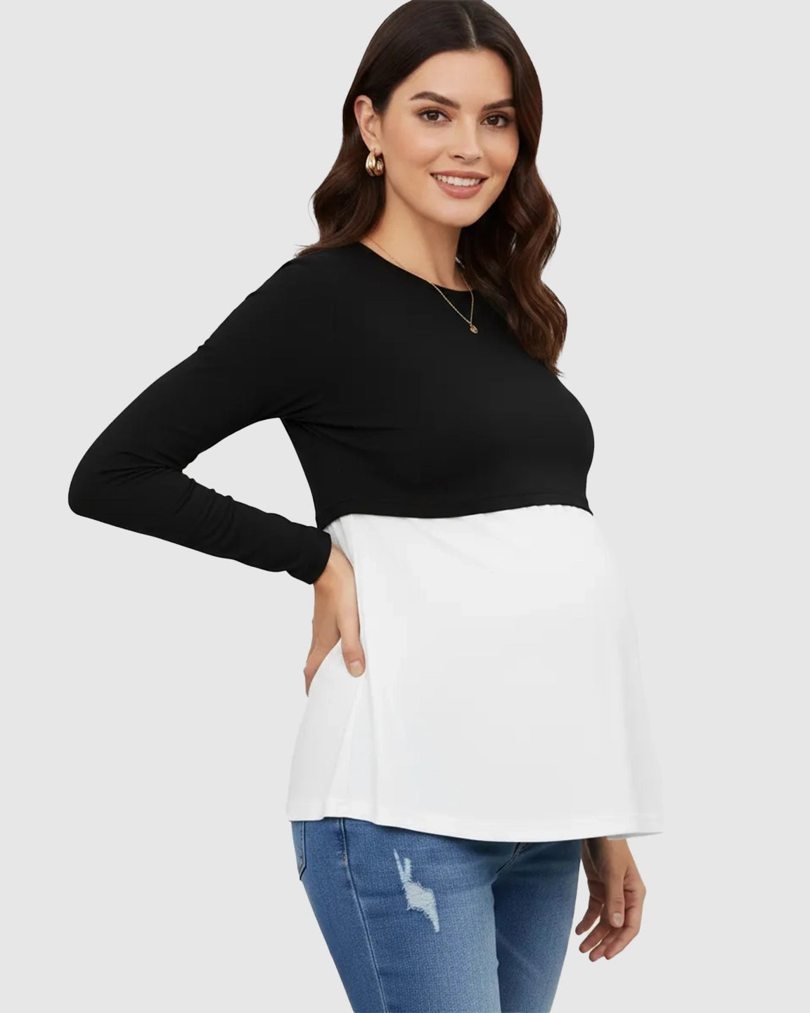 Double-Layer Nursing Access Color-Block Maternity Top