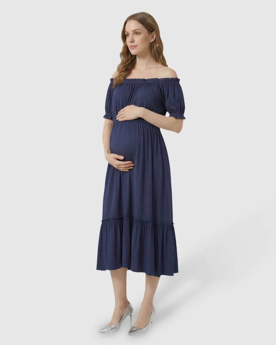 Ruched Off-Shoulder Maternity Midi Dress