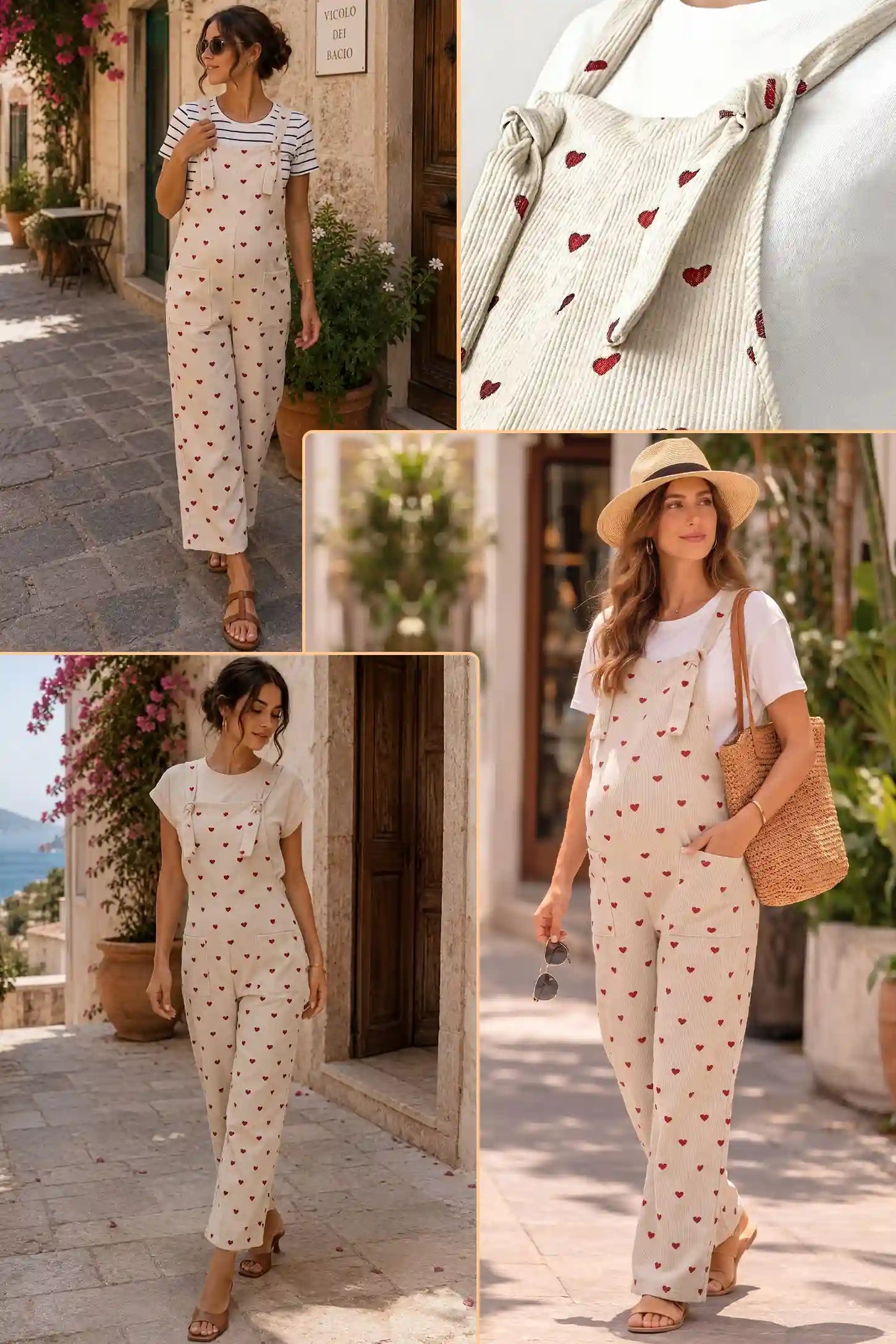 Pocketed Adjustable Maternity Overalls Collage of Pocketed Adjustable Maternity Overalls in Oat Cherry Heart showing close-up details and multiple styling views.