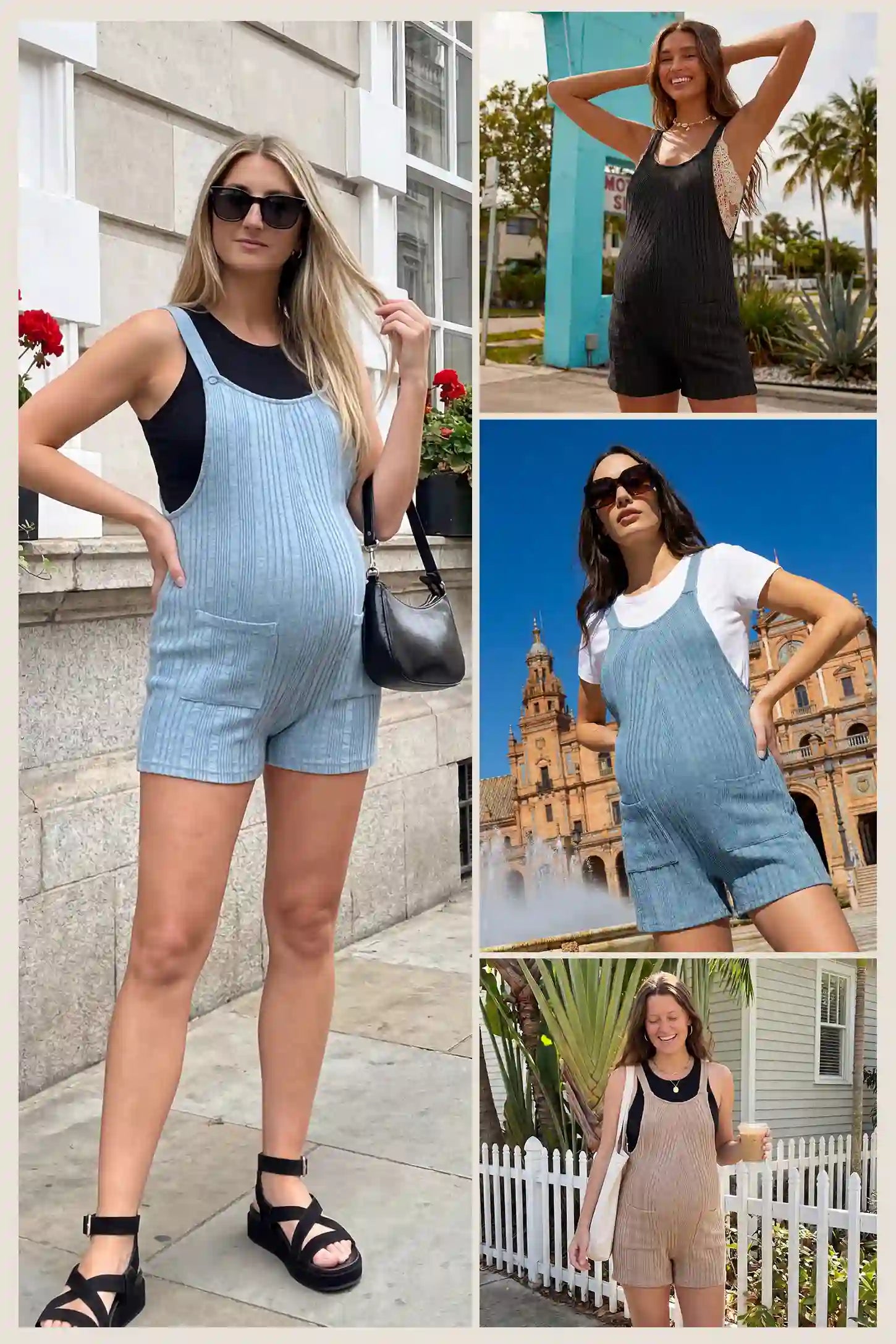 Ribbed Pocket Knit Maternity Romper Collage of four pregnant women wearing ribbed maternity short overalls romper in three colors: light blue styled with black tank and black sandals on city street, black worn outdoors near palm trees, light blue with white tee at European landmark, and beige with black tank in suburban setting
