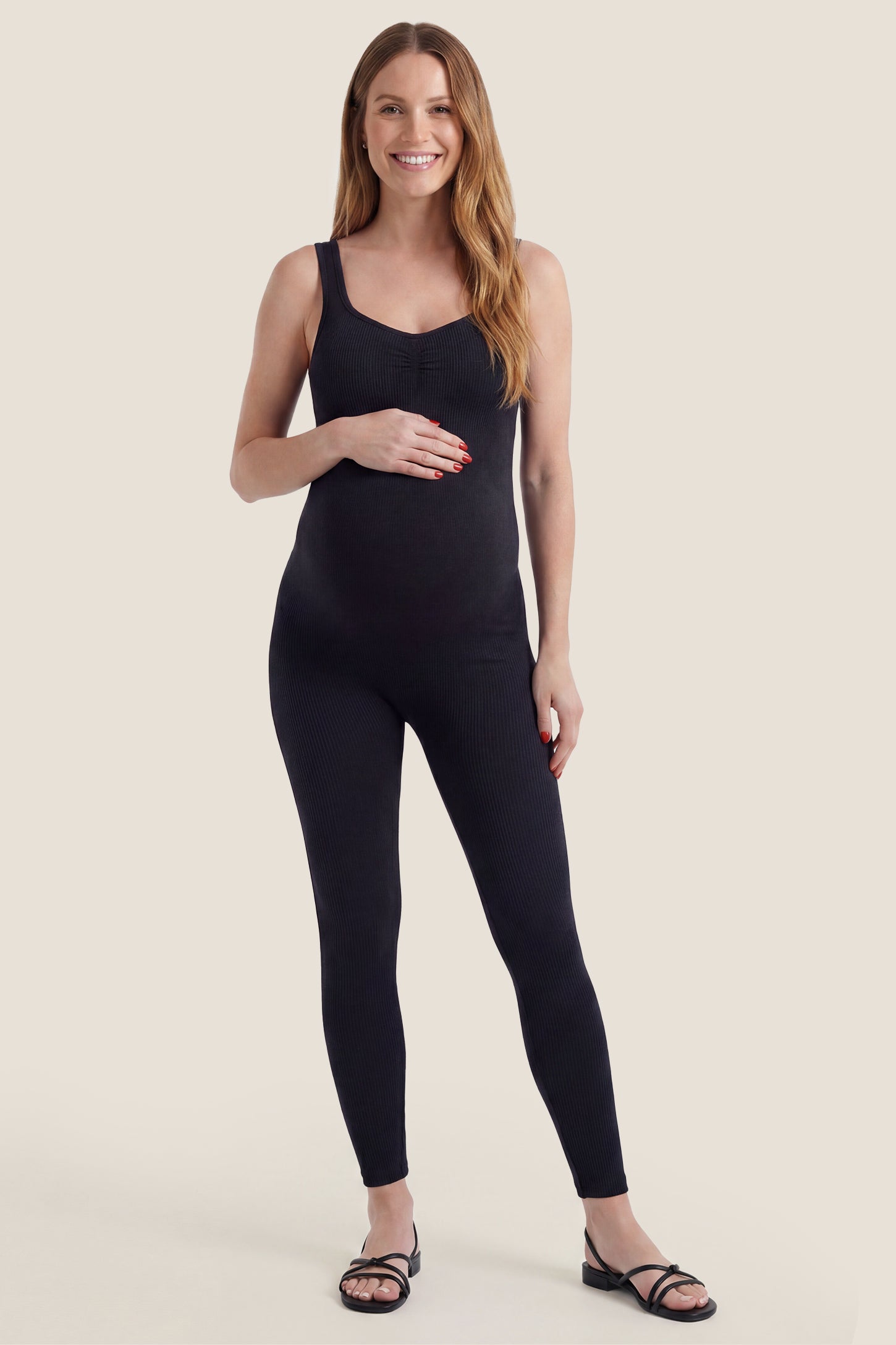Scoop Neck Sleeveless Ribbed Bodycon Maternity Jumpsuit Front view of black scoop neck sleeveless ribbed bodycon maternity jumpsuit