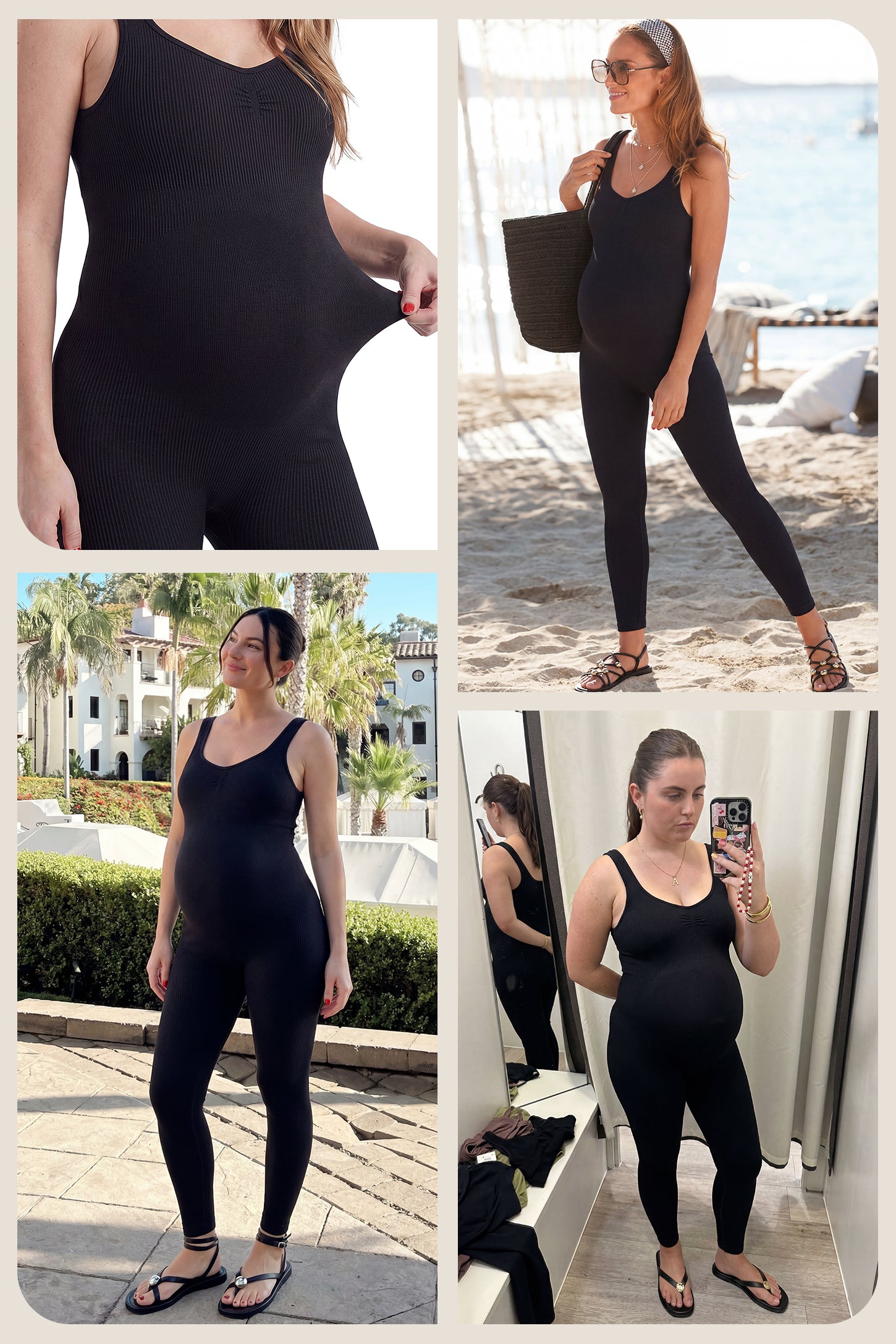 Scoop Neck Sleeveless Ribbed Bodycon Maternity Jumpsuit Black scoop neck sleeveless ribbed bodycon maternity jumpsuit shown in customer-style collage