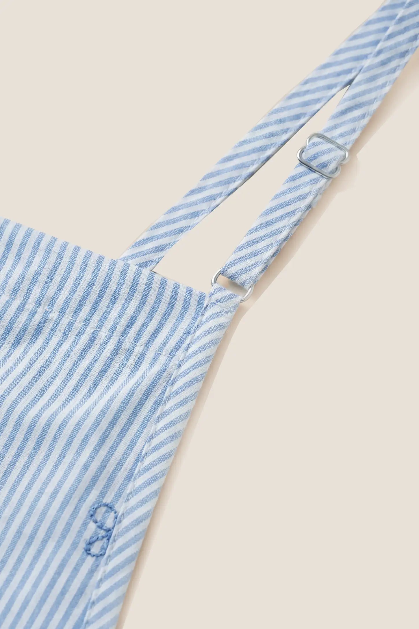 Side-Adjustable Maternity Jumpsuit Comfortable Pregnancy One-Piece Close-up of the shoulder strap on the Side-Adjustable Maternity Jumpsuit Comfortable Pregnancy One-Piece in Baby Blue.