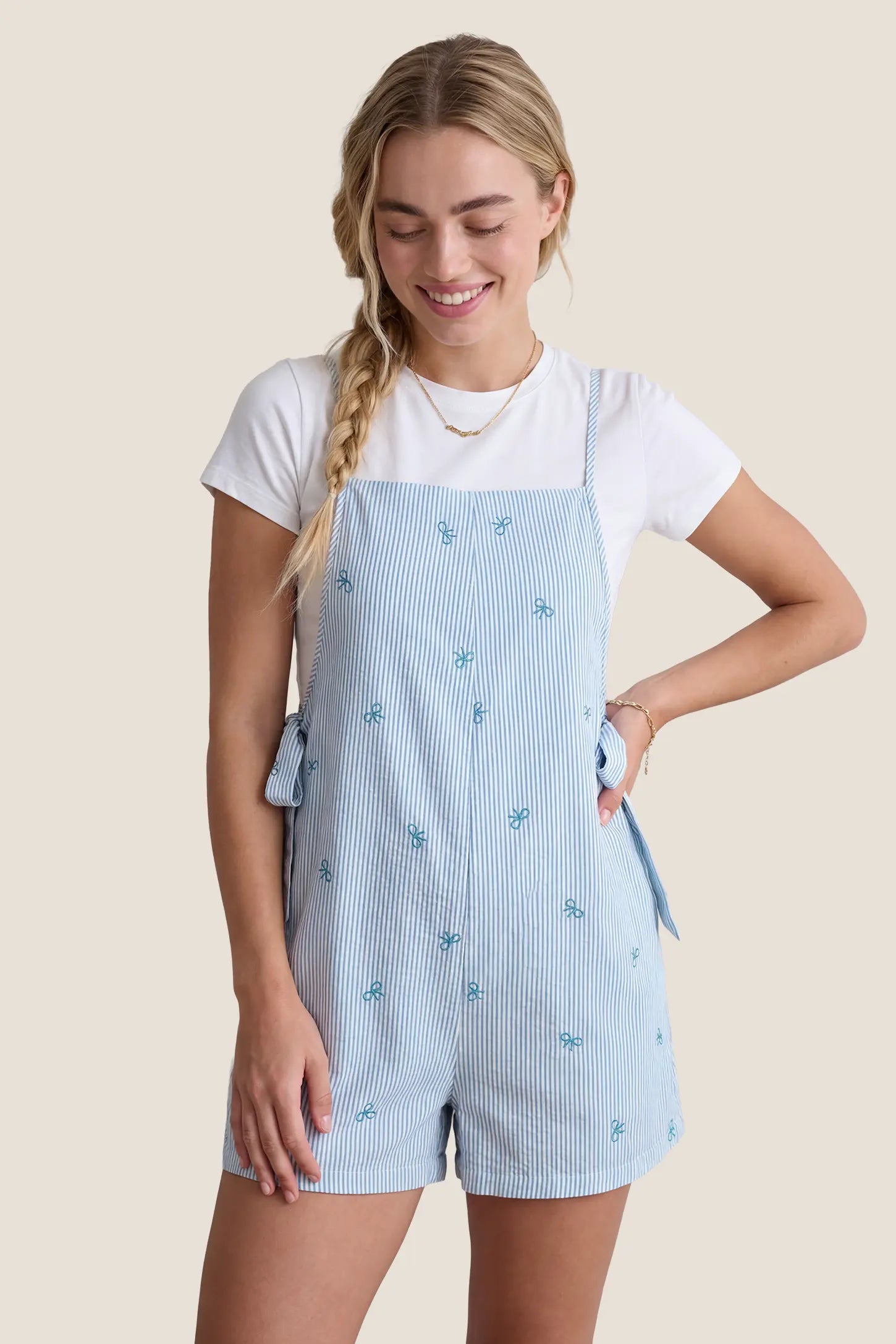 Side-Adjustable Maternity Jumpsuit Comfortable Pregnancy One-Piece Model wearing Side-Adjustable Maternity Jumpsuit Comfortable Pregnancy One-Piece in Baby Blue styled for postpartum comfort.