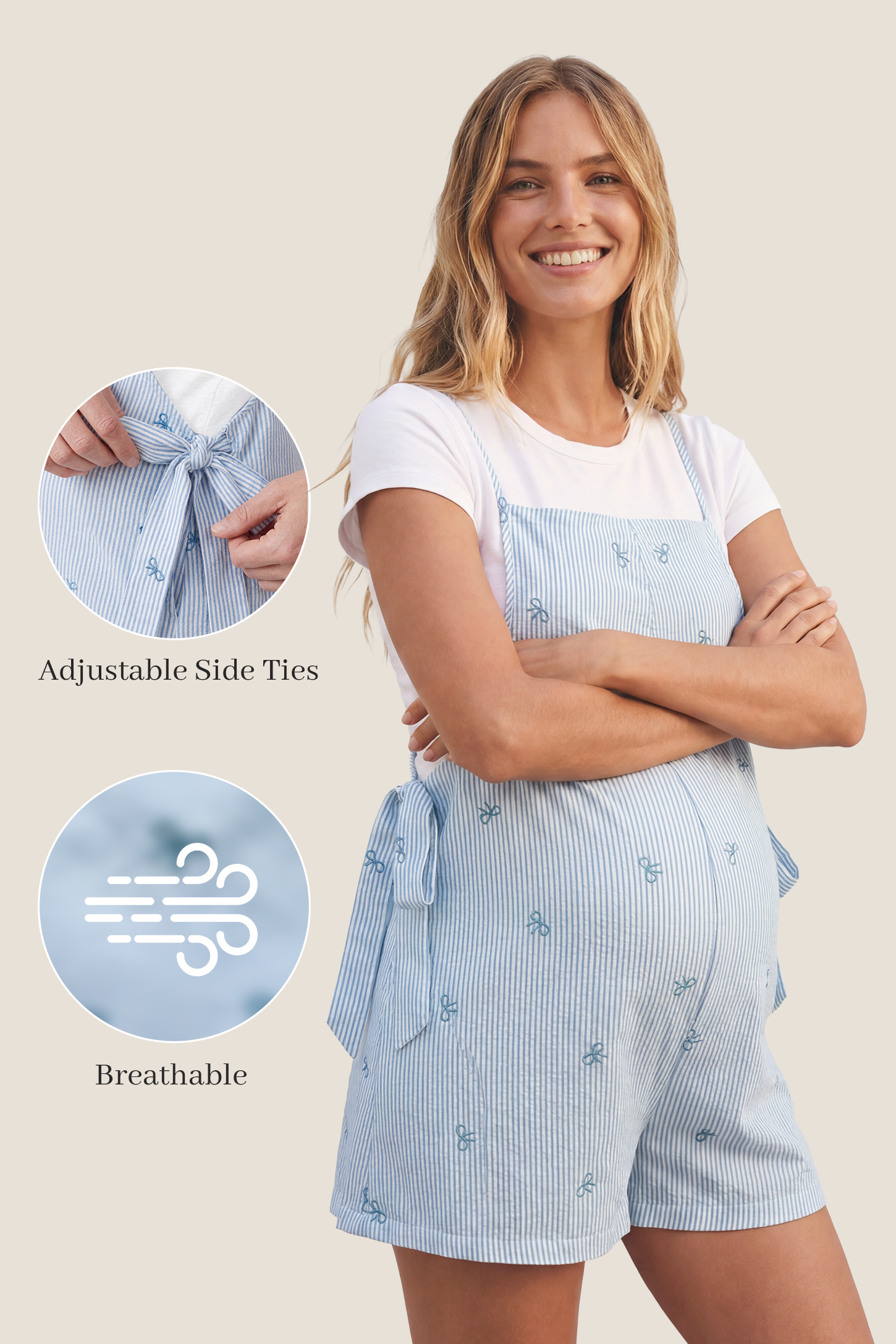 Side-Adjustable Maternity Jumpsuit Comfortable Pregnancy One-Piece Feature image of Side-Adjustable Maternity Jumpsuit Comfortable Pregnancy One-Piece in Baby Blue highlighting adjustable side ties and breathable fabric.