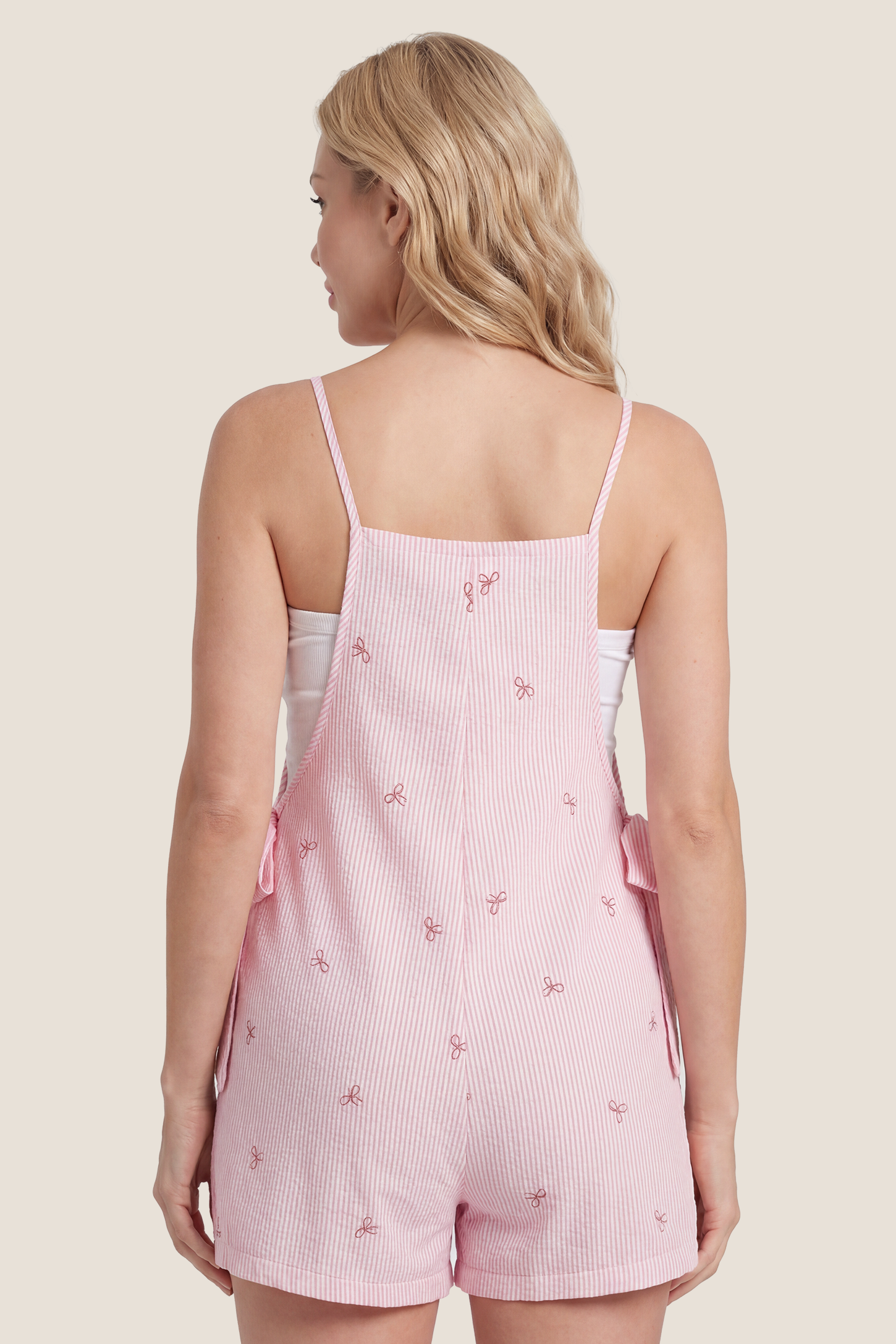 Side-Adjustable Maternity Jumpsuit Comfortable Pregnancy One-Piece Back view of Side-Adjustable Maternity Jumpsuit Comfortable Pregnancy One-Piece in Pink.