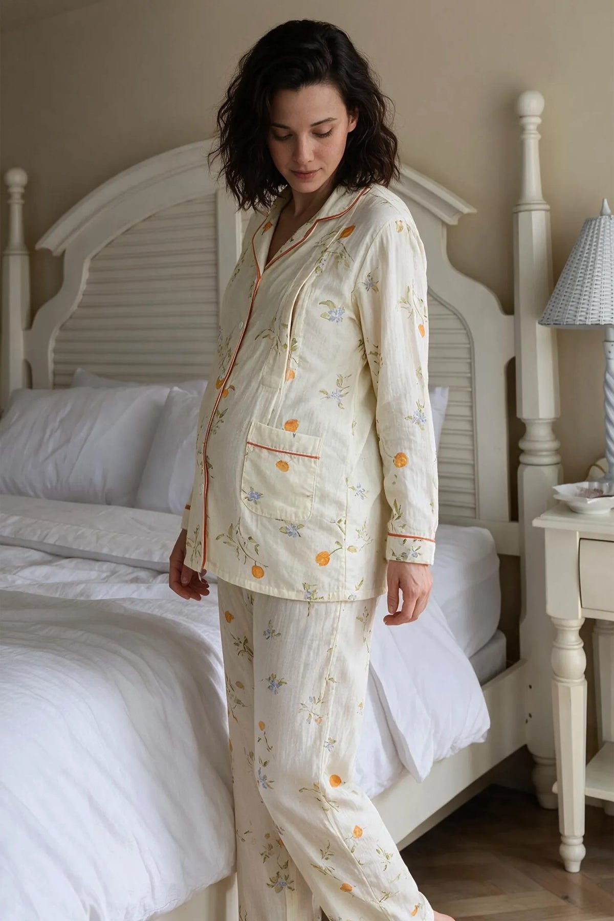 Yellow Floral Cotton Gauze Nursing Pajama Set