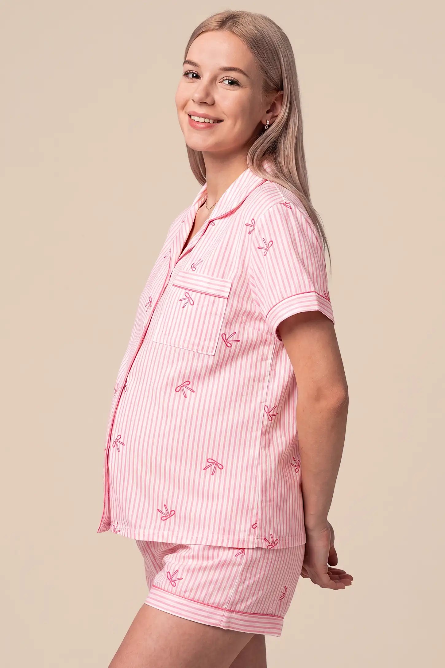 Sweet Ribbon Stripe Cotton Maternity Pajama Set with Shorts & Pants
