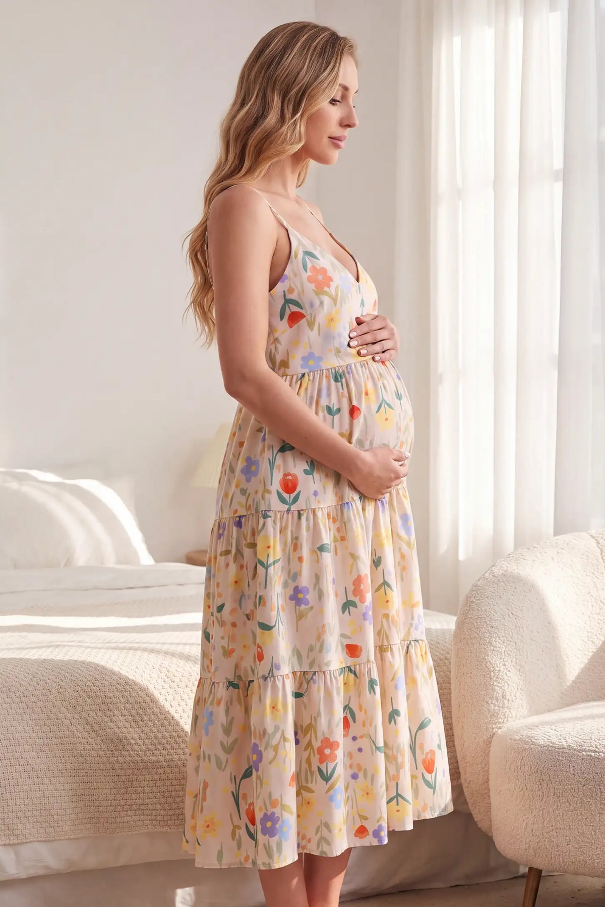 Adjustable Strap Lace-Trim Floral Maternity Sleep Dress