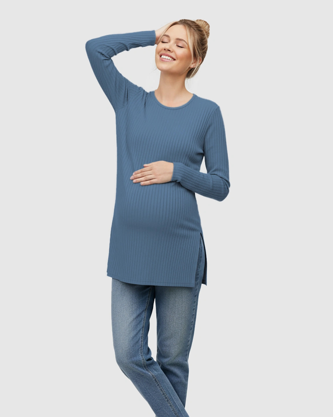 Ribbed Knit Long Sleeve Maternity Top with Side Slits